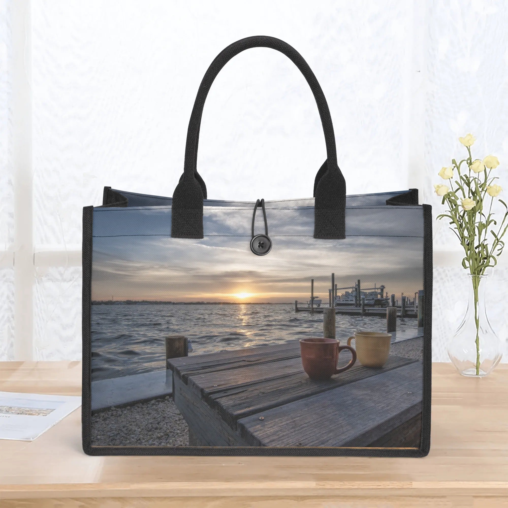 Custom Beach Life Vistas Morning Coffee Premium All - Over Print Canvas Tote Bag - POPvault