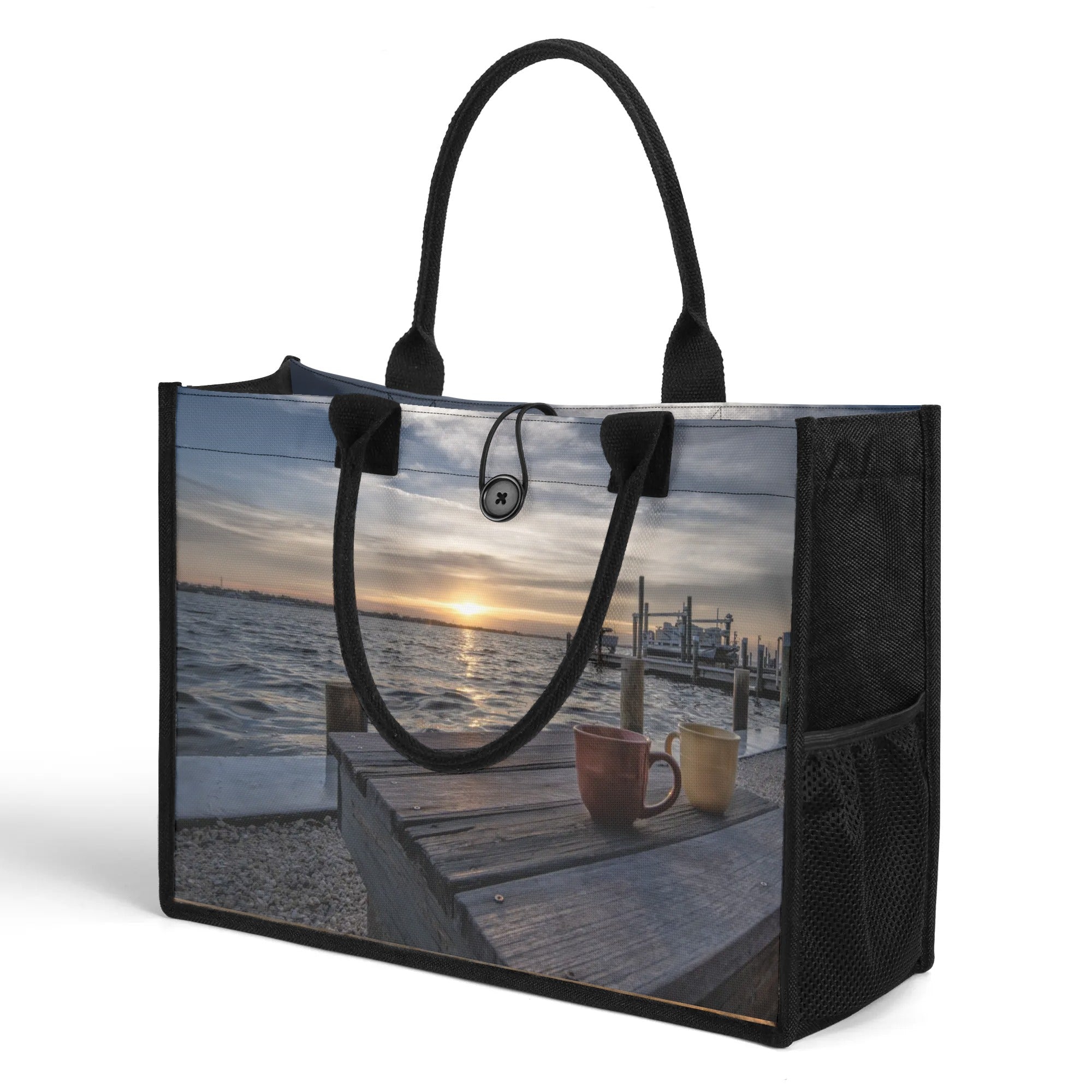 Custom Beach Life Beach Vistas Morning Coffee Premium All-Over Print Canvas Tote Bag - POPvault - Bags - Beach - beach bag