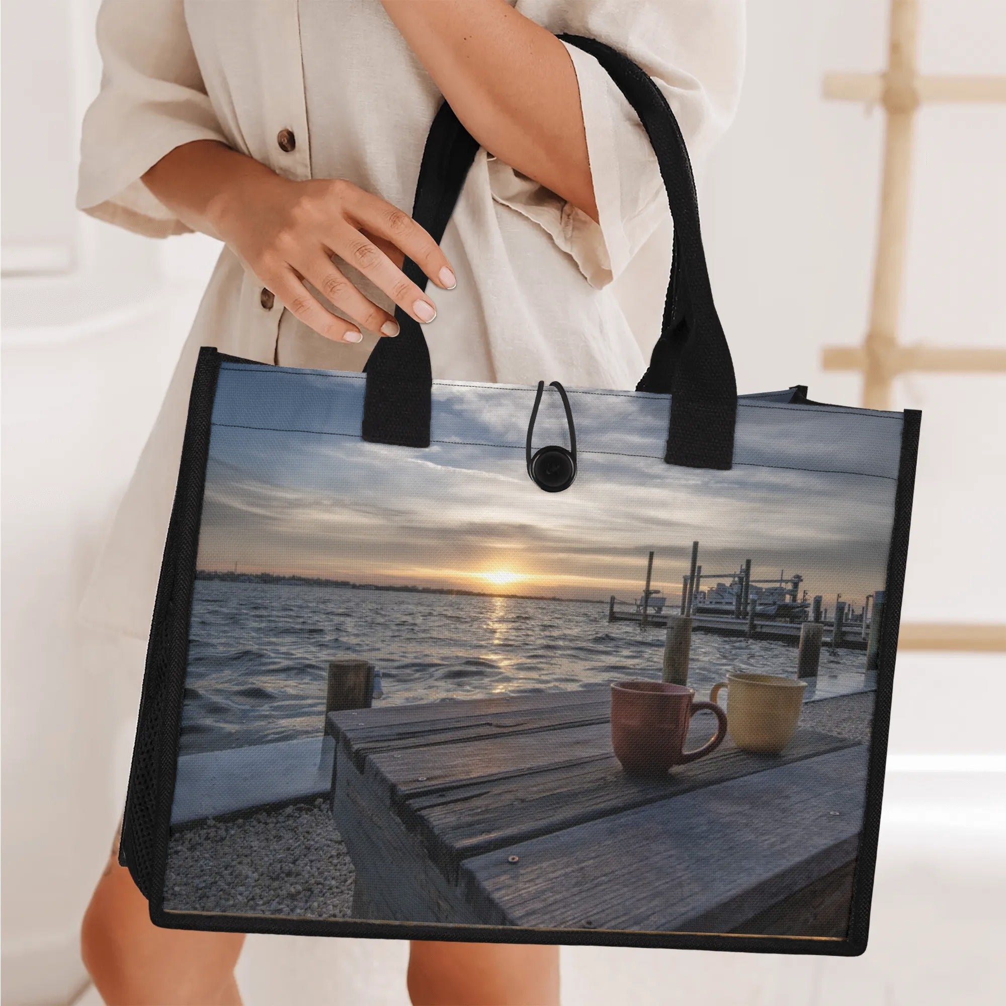 Custom Beach Life Beach Vistas Morning Coffee Premium All-Over Print Canvas Tote Bag - POPvault - Bags - Beach - beach bag