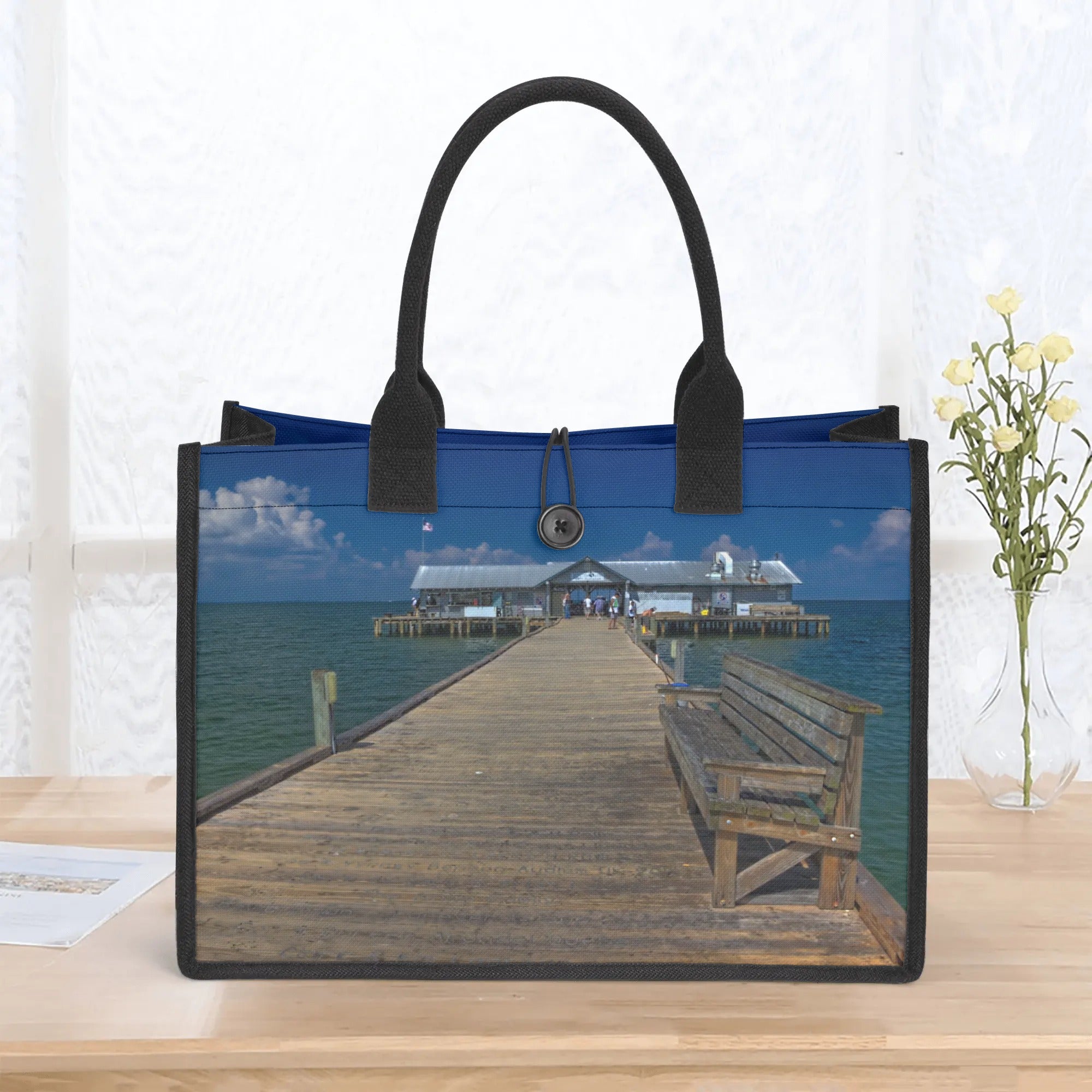 Custom Beach Life Beach Vistas Pier Bench Premium All-Over Print Canvas Tote Bag - POPvault - Bags - Beach - beach bag