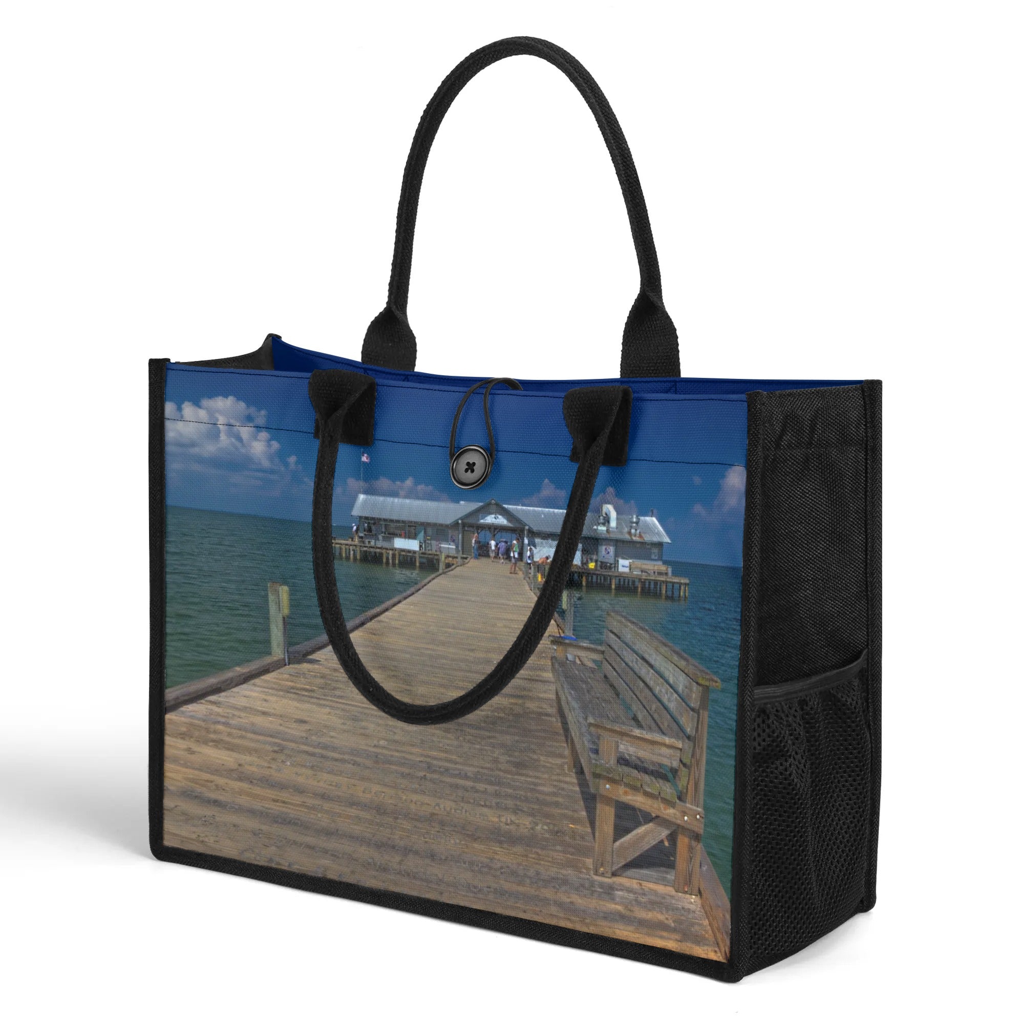 Custom Beach Life Beach Vistas Pier Bench Premium All-Over Print Canvas Tote Bag - POPvault - Bags - Beach - beach bag