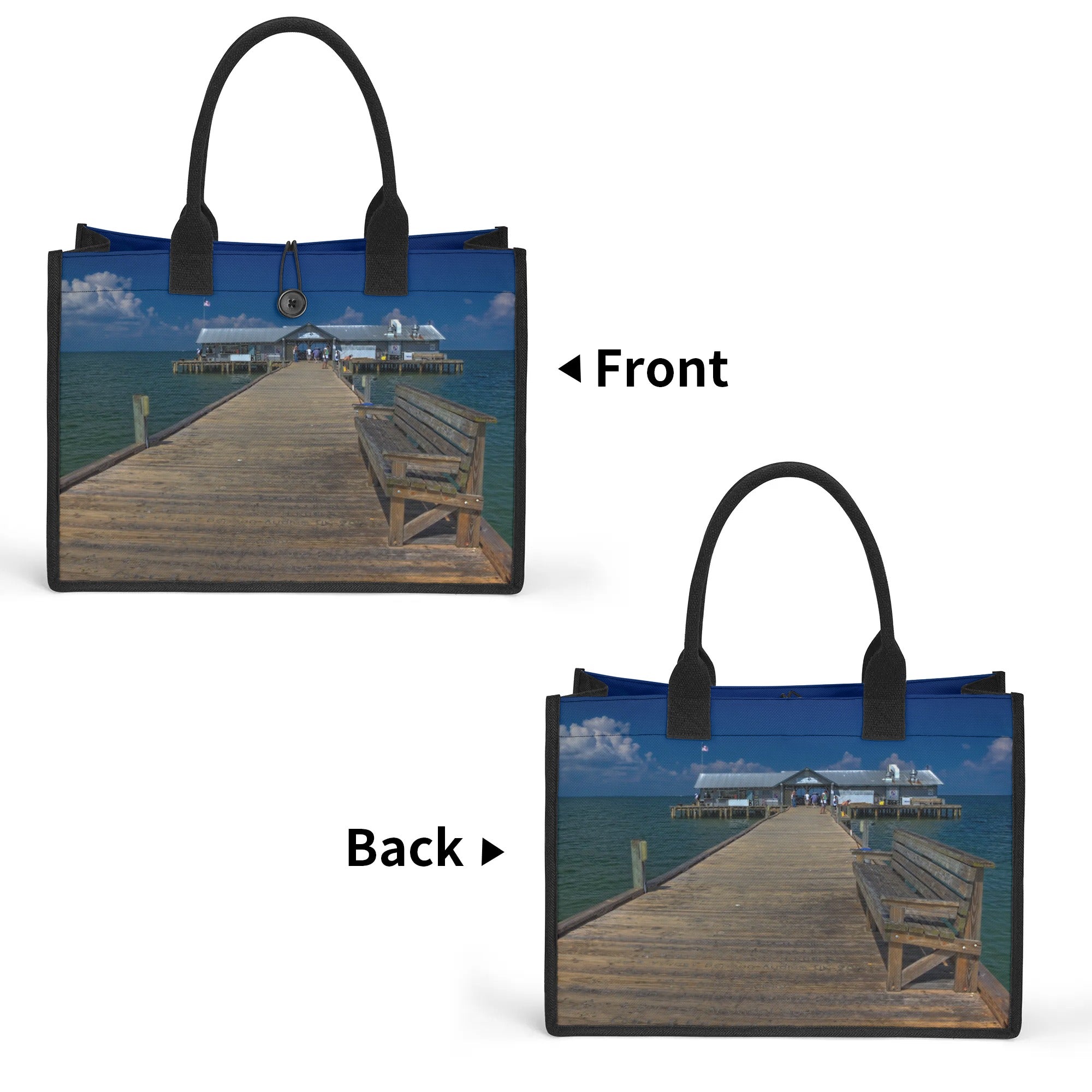 Custom Beach Life Beach Vistas Pier Bench Premium All-Over Print Canvas Tote Bag - POPvault - Bags - Beach - beach bag