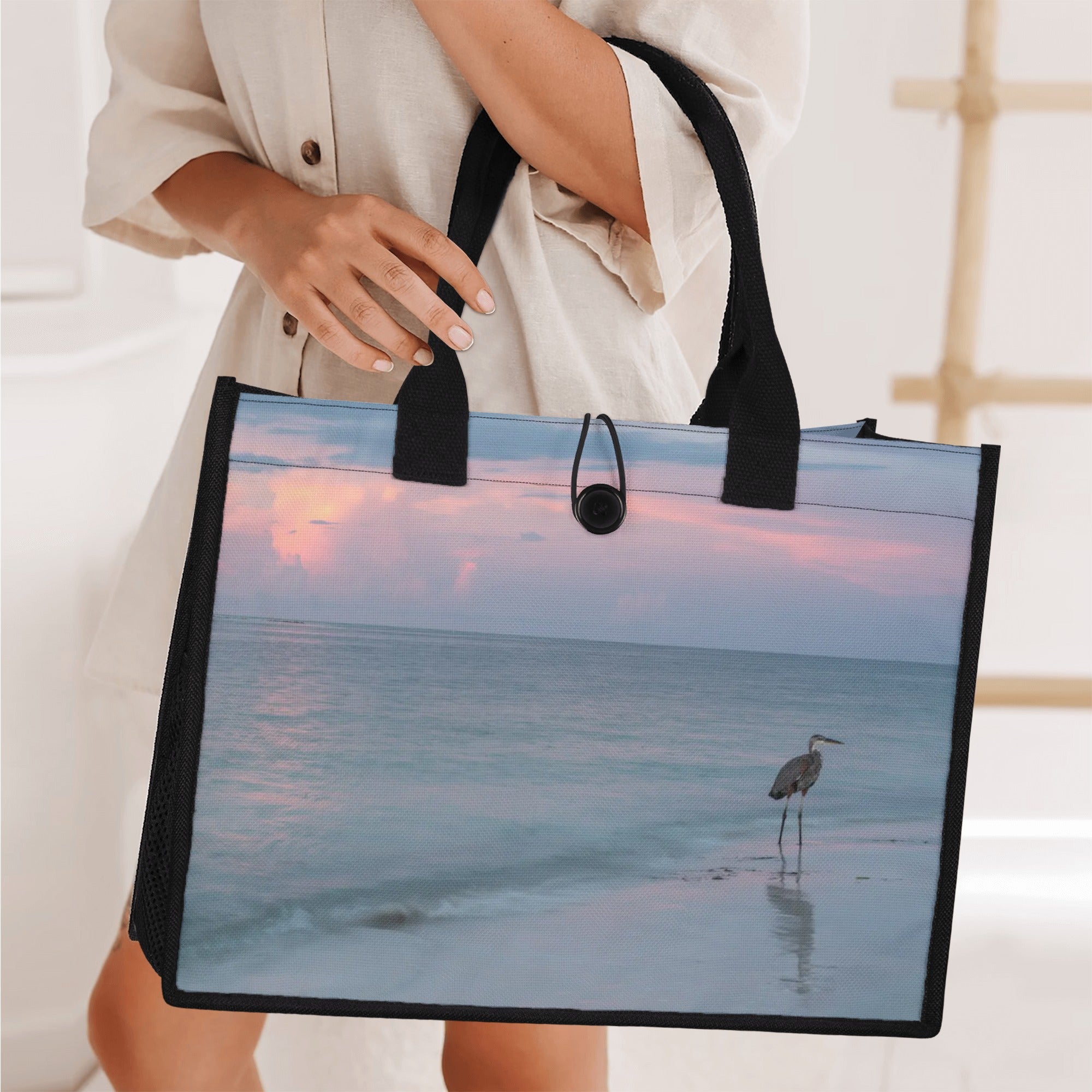 Custom Beach Life Vistas Pink Sky Premium All - Over Print Canvas Tote Bag - POPvault