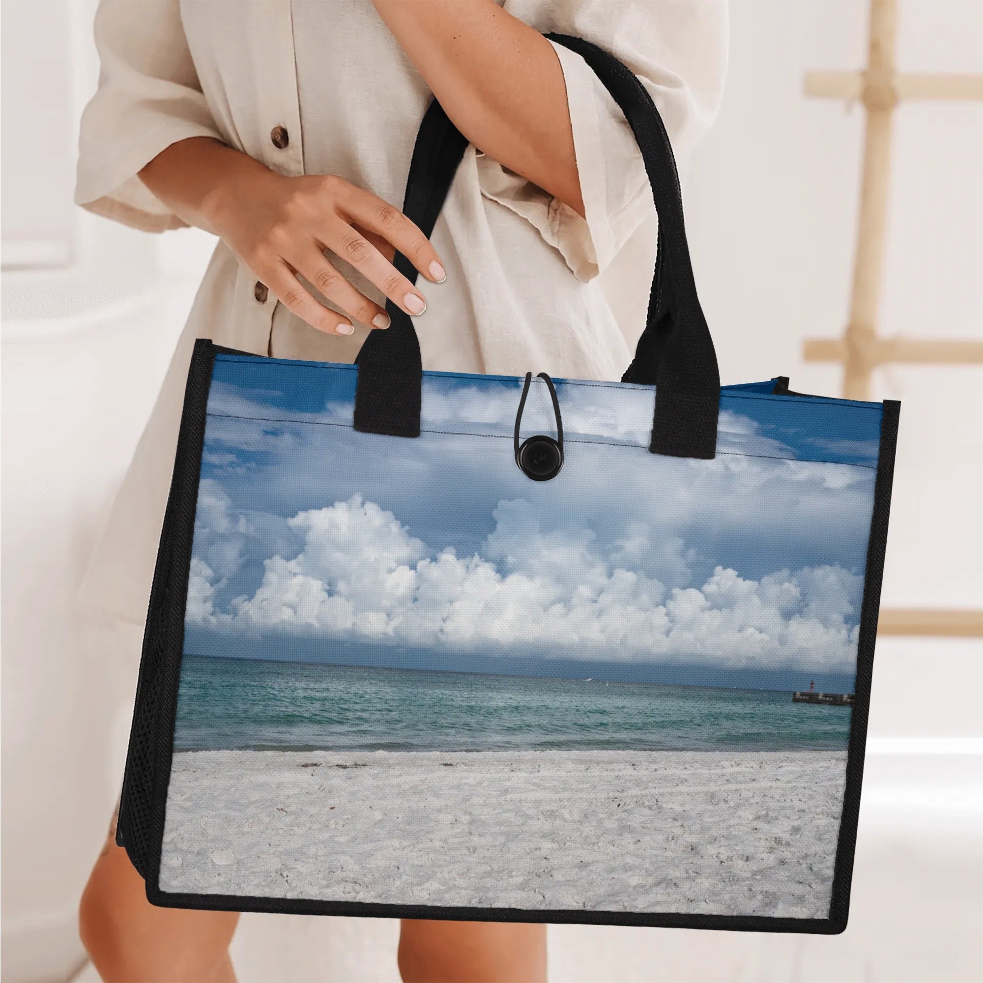 Custom Beach Life Vistas Puffy Clouds Premium All - Over Print Canvas Tote Bag - POPvault