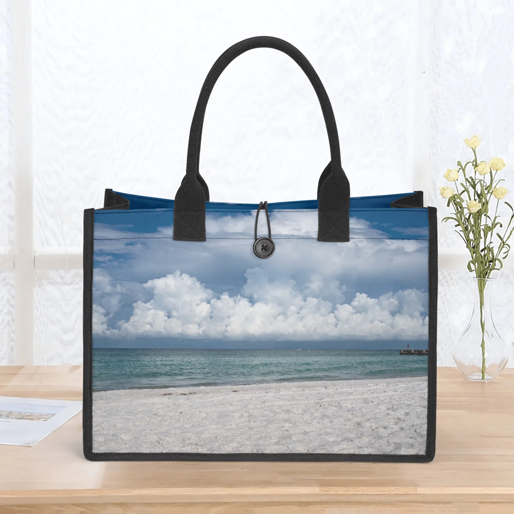 Custom Beach Life Vistas Puffy Clouds Premium All - Over Print Canvas Tote Bag - POPvault