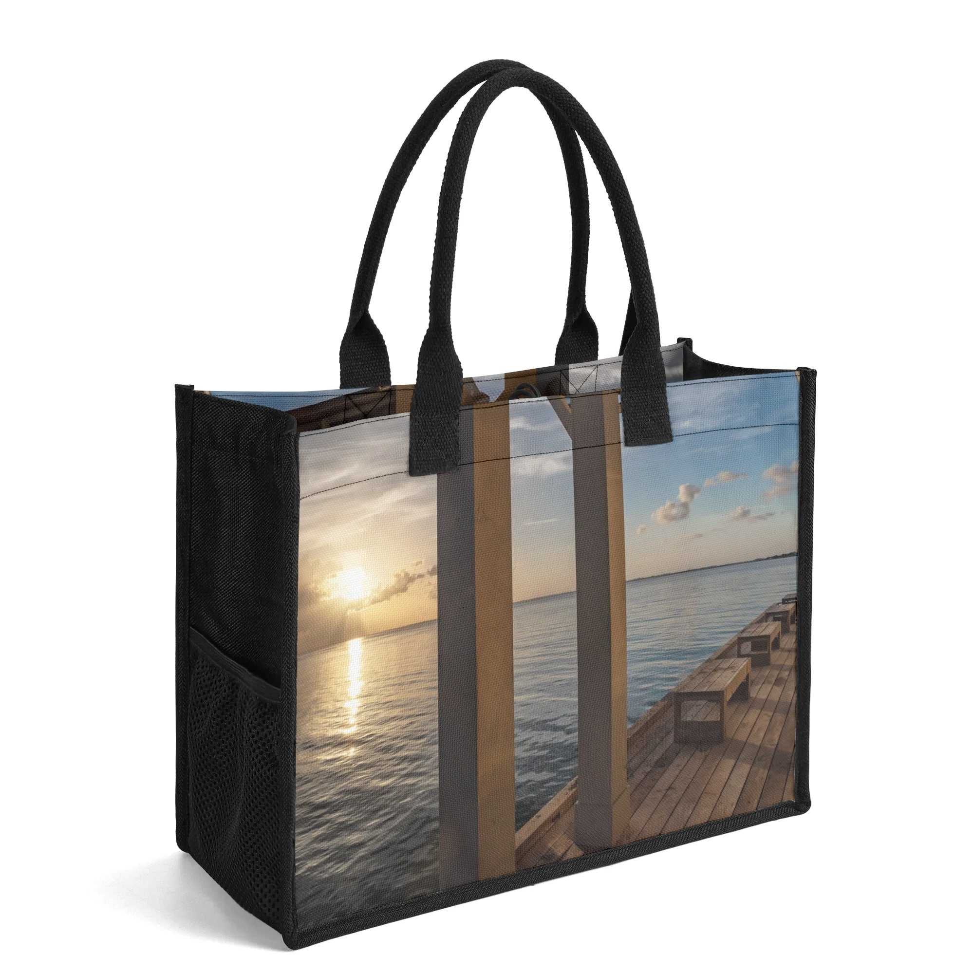 Custom Beach Life Vistas Sunrise From Pier Premium All - Over Print Canvas Tote Bag - POPvault