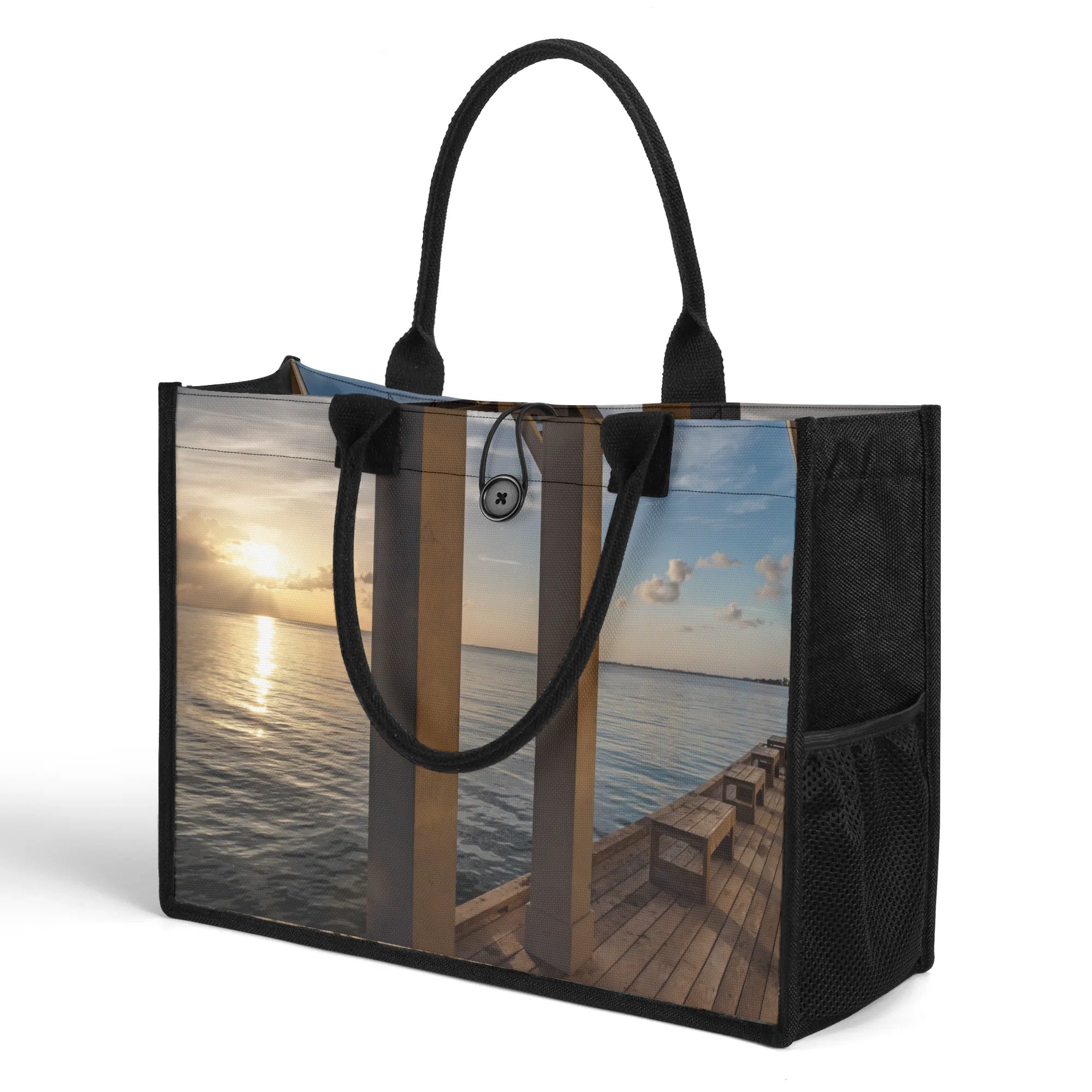 Custom Beach Life Vistas Sunrise From Pier Premium All - Over Print Canvas Tote Bag - POPvault