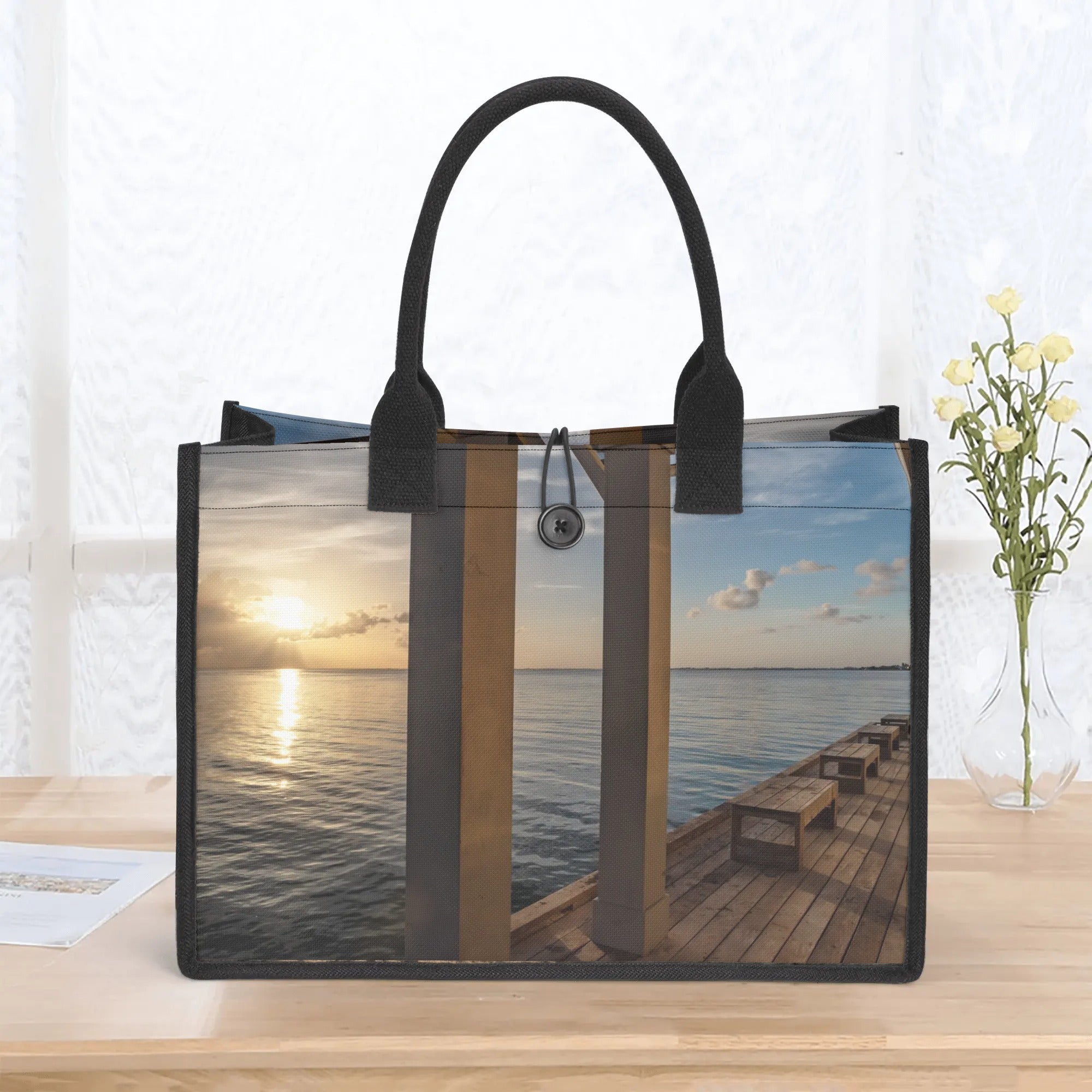 Custom Beach Life Vistas Sunrise From Pier Premium All - Over Print Canvas Tote Bag - POPvault