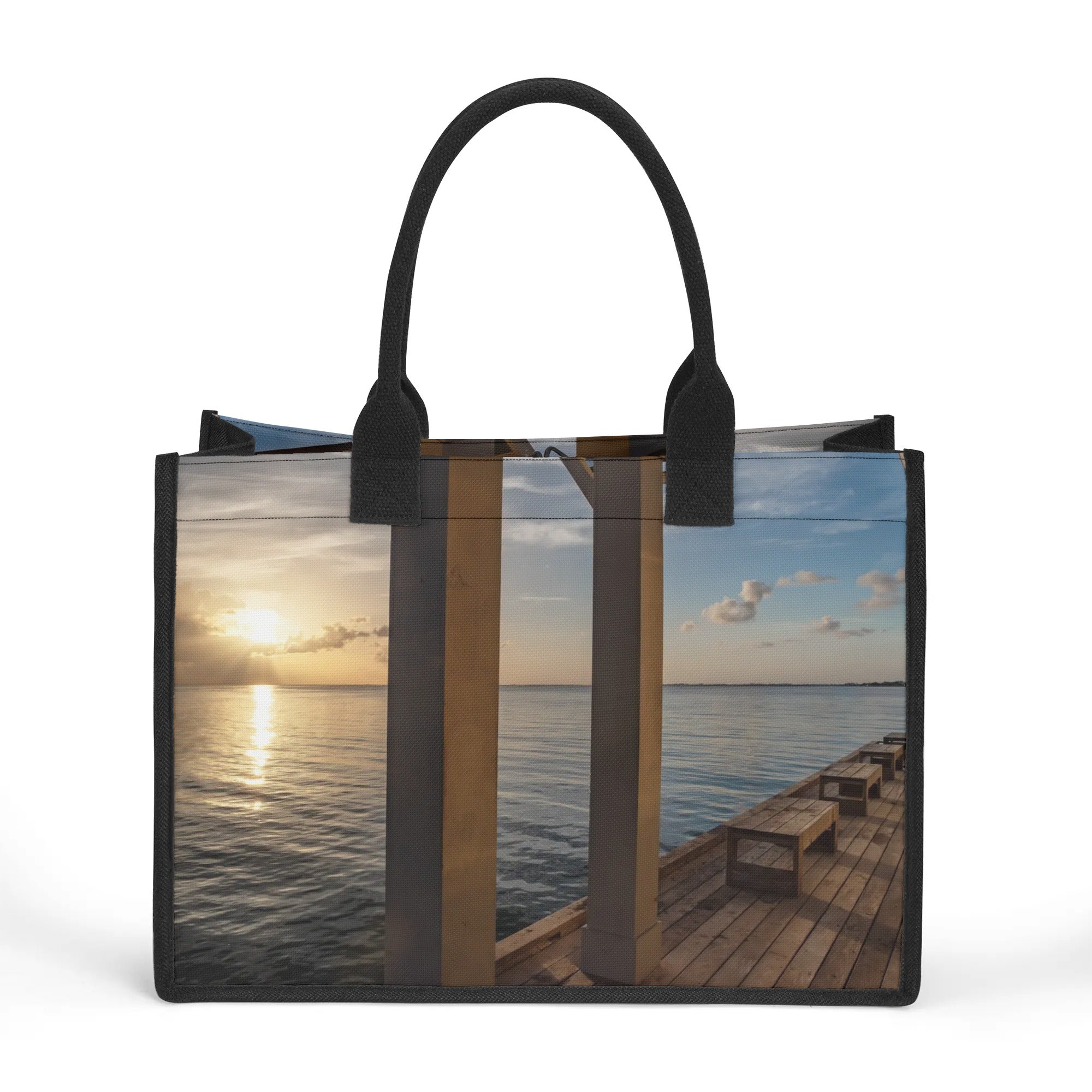 Custom Beach Life Vistas Sunrise From Pier Premium All - Over Print Canvas Tote Bag - POPvault