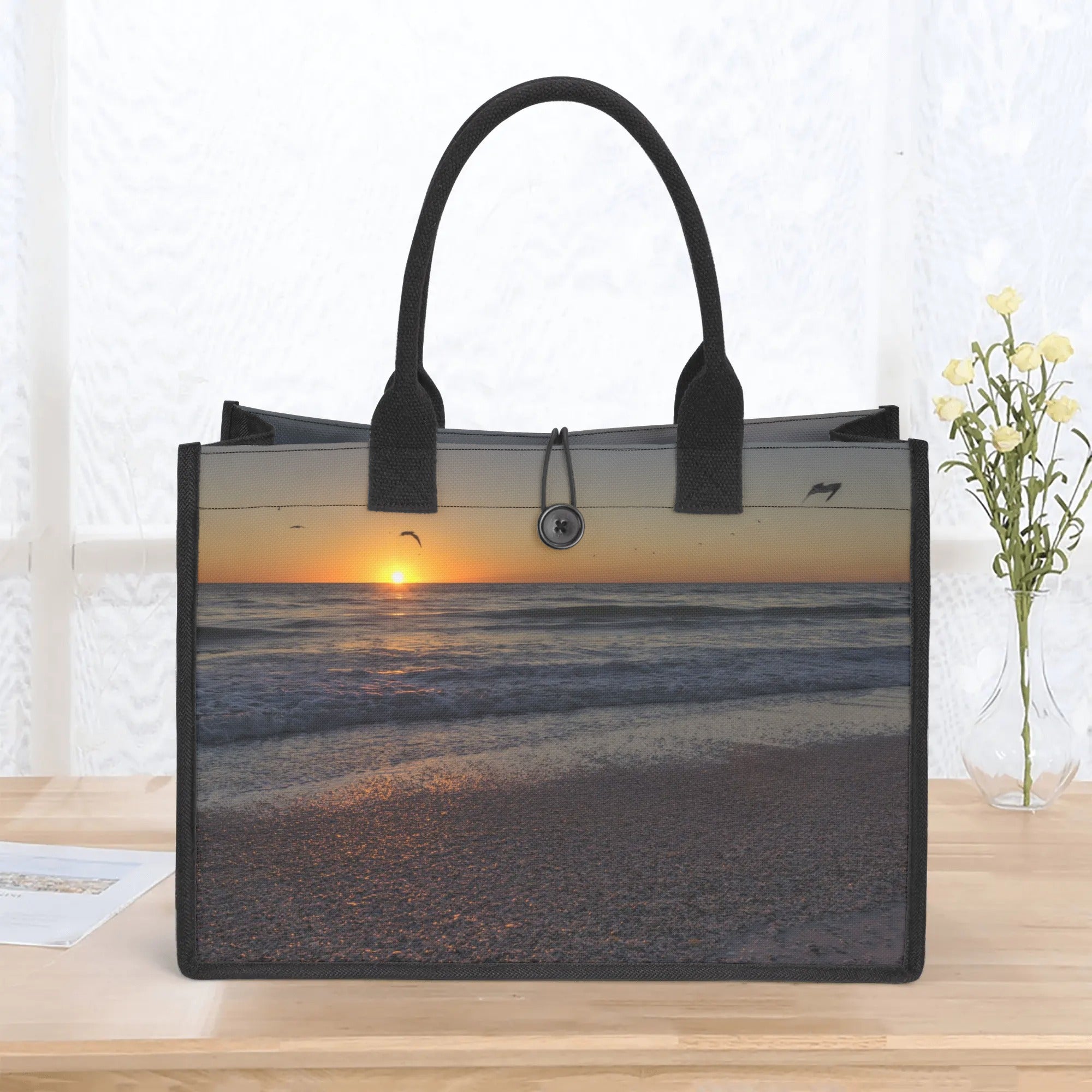 Custom Beach Life Vistas Sunset Birds Premium All - Over Print Canvas Tote Bag - POPvault