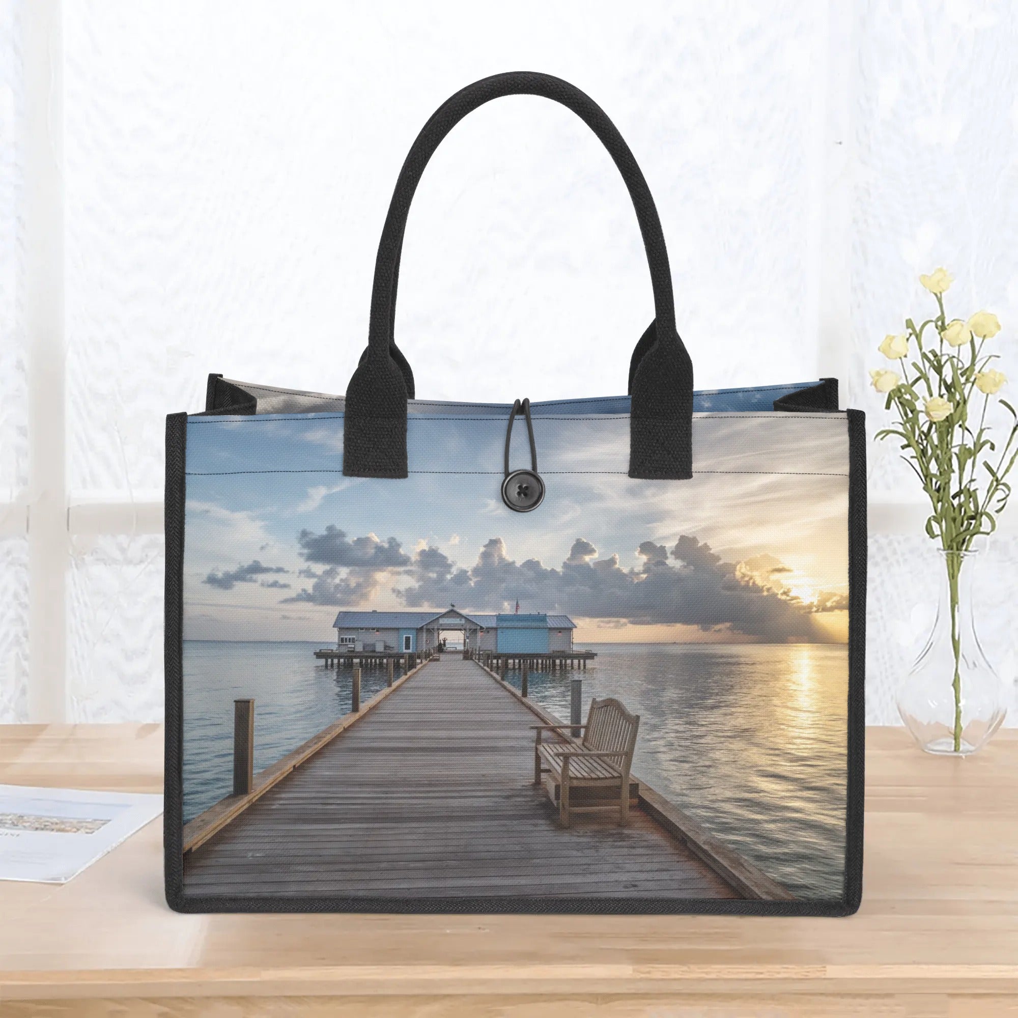 Custom Beach Life Vistas View From A Pier Premium All - Over Print Canvas Tote Bag - POPvault