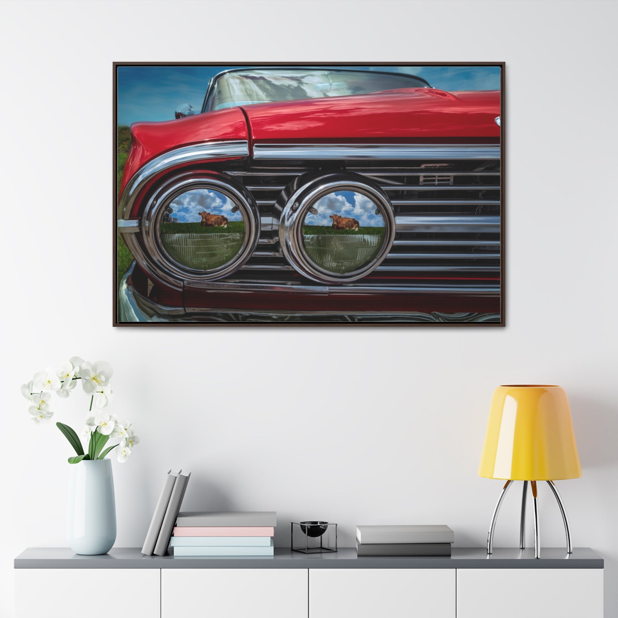 Custom Vintage Auto 60 Chevy and Cows Pop Art Gallery Canvas Wraps, Horizontal Wood Frame - POPvault