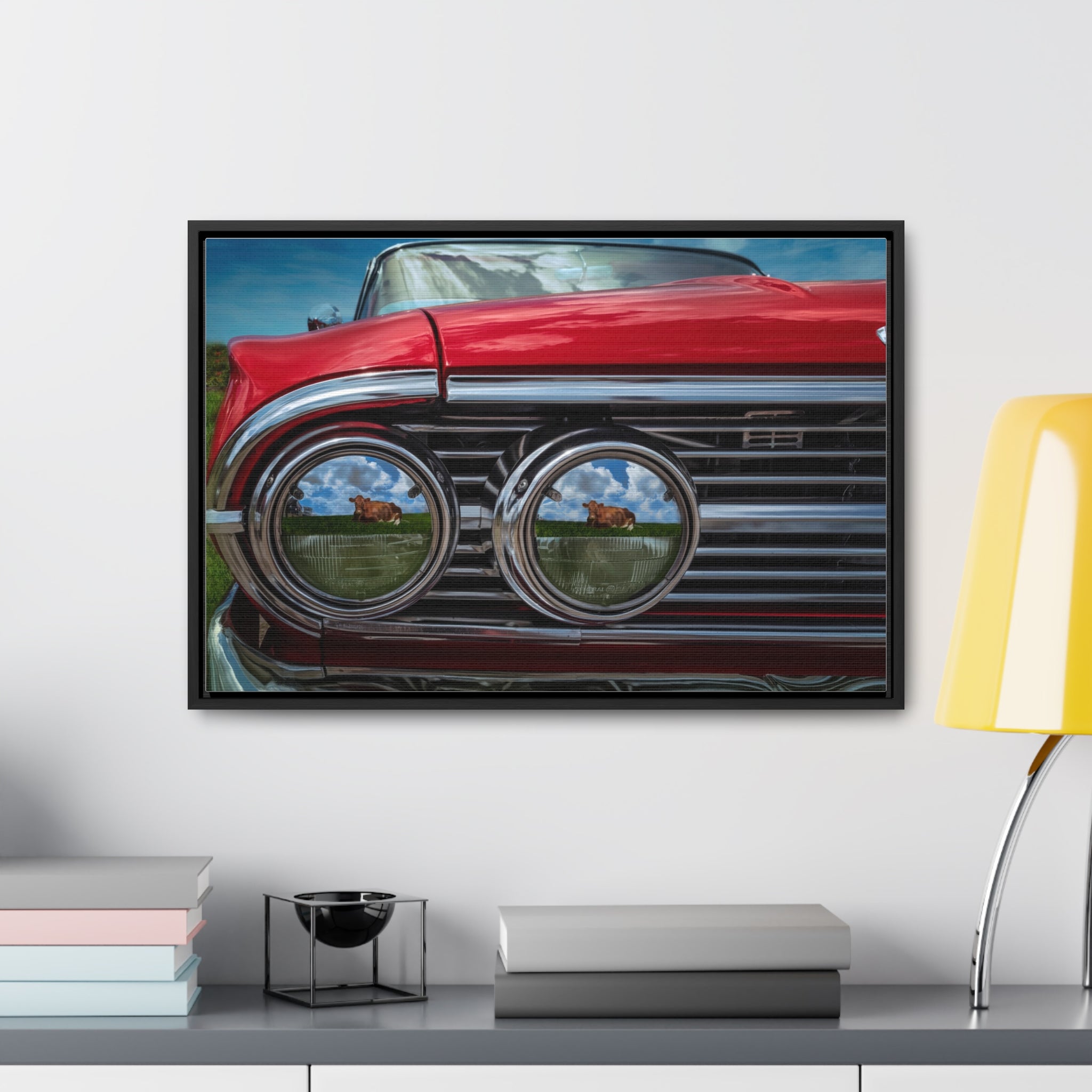 Custom Vintage Auto 60 Chevy and Cows Pop Art Gallery Canvas Wraps, Horizontal Wood Frame - POPvault