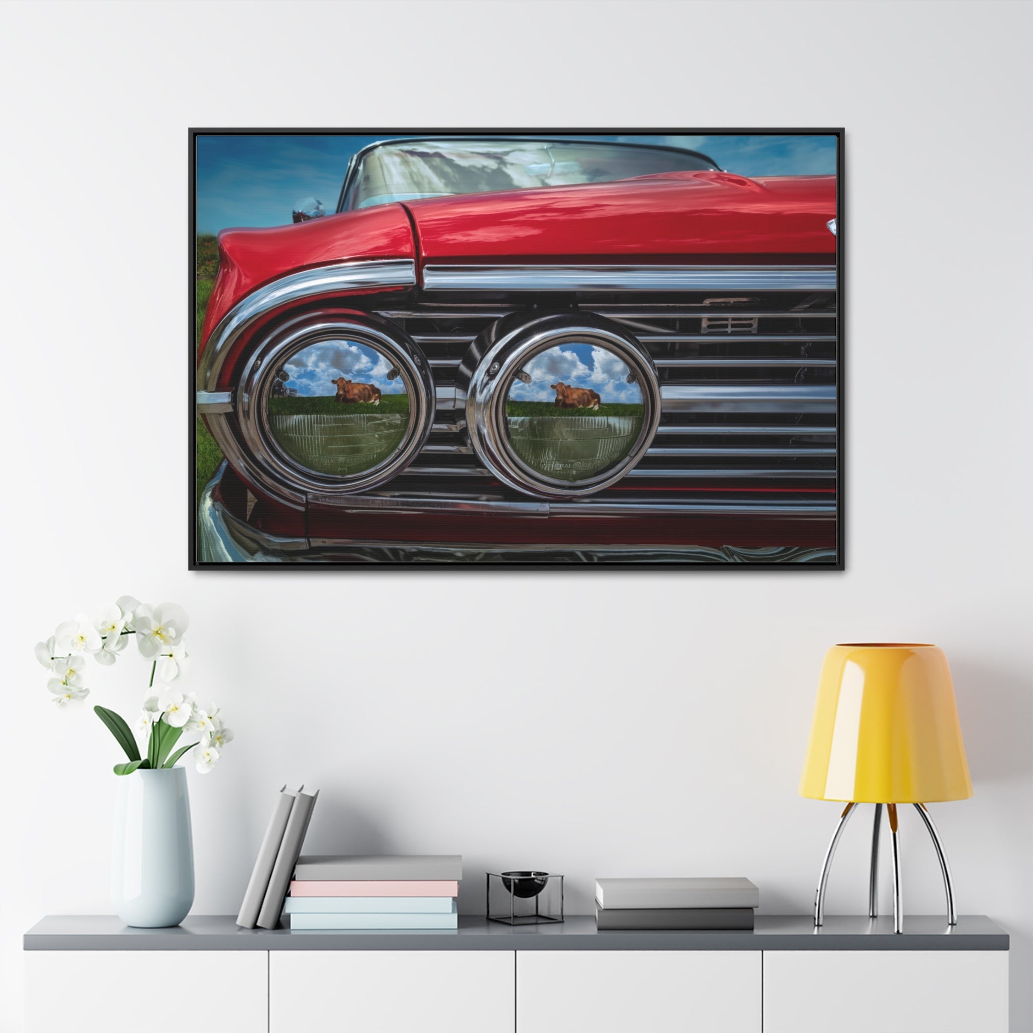 Custom Vintage Auto 60 Chevy and Cows Pop Art Gallery Canvas Wraps, Horizontal Wood Frame - POPvault