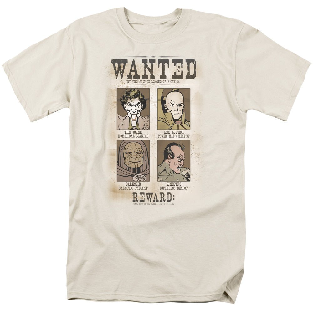 DC Comics Wanted Poster Mens T Shirt Cream Officially Licensed - POPvault