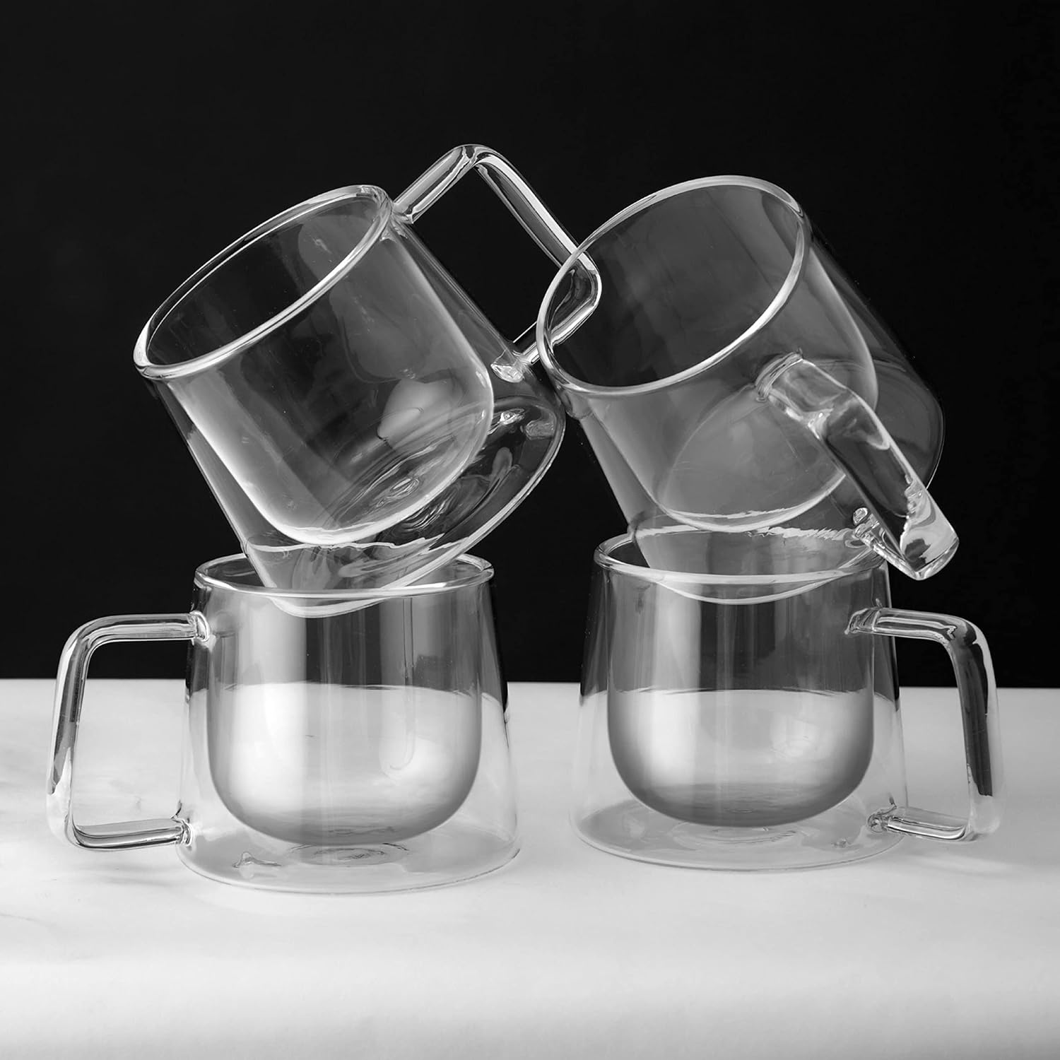 Double Walled Glass Coffee Drink Mug with Handle - Set of 4 - 8.5oz - POPvault