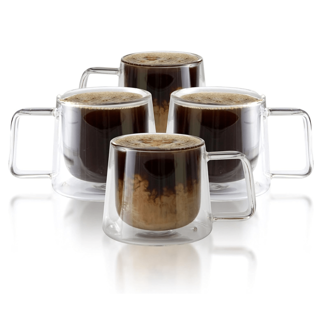 Double Walled Glass Coffee Drink Mug with Handle - Set of 4 - 8.5oz - POPvault