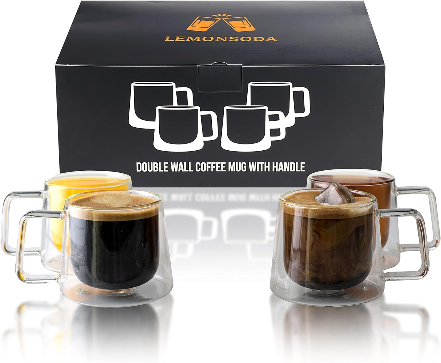 Double Walled Glass Coffee Drink Mug with Handle - Set of 4 - 8.5oz - POPvault