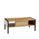 Rattan Coffee Table with Sliding Storage Door and Metal Legs
