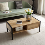Rattan Coffee Table with Sliding Storage Door and Metal Legs