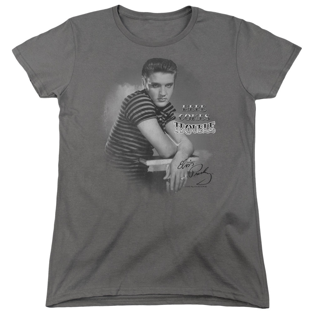 Elvis Presley Trouble Womens T Shirt Charcoal Officially Licensed - POPvault