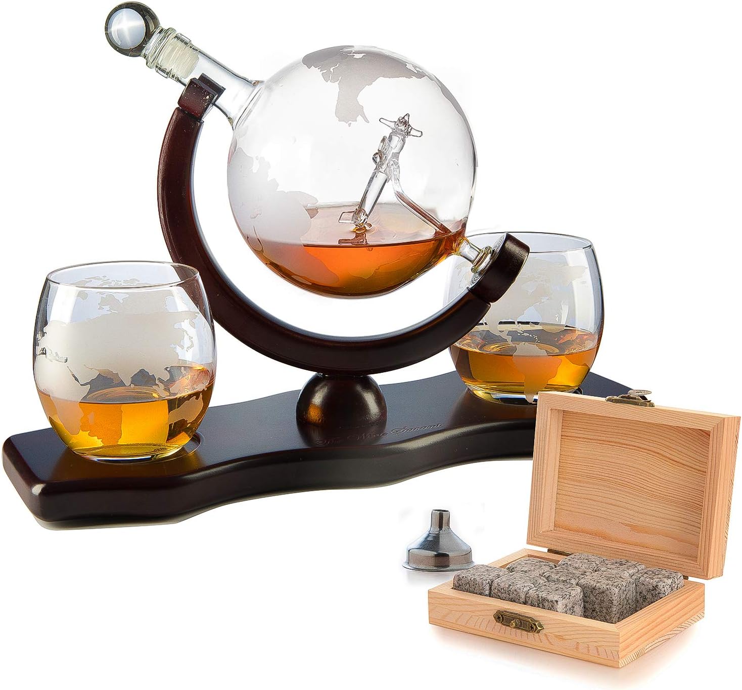 Etched World Globe 850 ml Whiskey Decanter With Antique Airplane, Whiskey Stones & 2 World Map 10 Oz. Glasses - POPvault