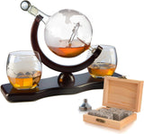 Etched World Globe 850 ml Whiskey Decanter With Antique Airplane, Whiskey Stones & 2 World Map 10 Oz. Glasses - POPvault