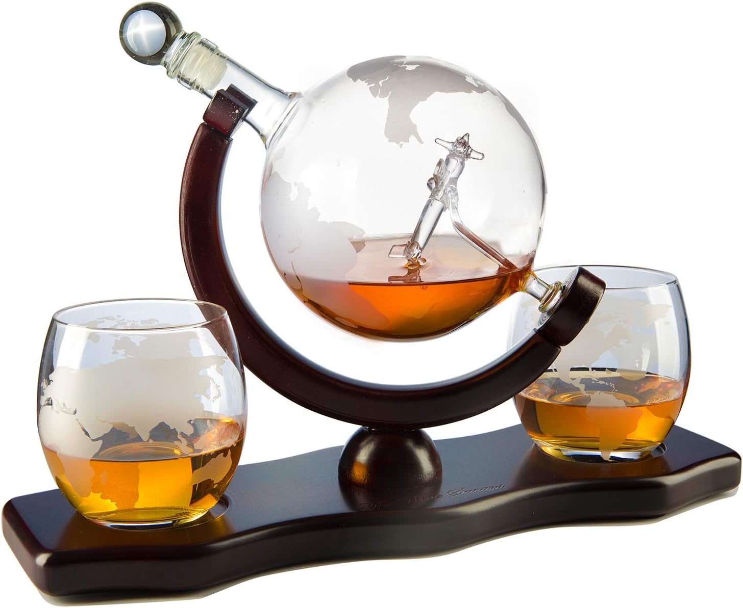 Etched World Globe 850 ml Whiskey Decanter With Antique Airplane, Whiskey Stones & 2 World Map 10 Oz. Glasses - POPvault
