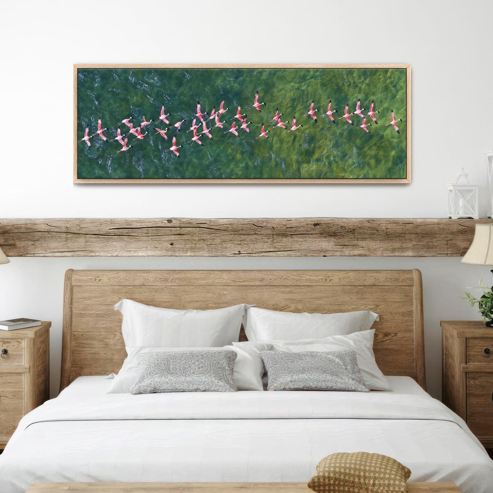 Flamingos Flying Over Emerald Ocean Art Print Canvas Art - POPvault