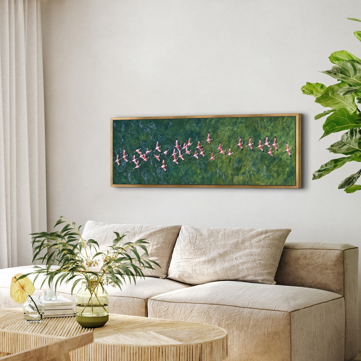 Flamingos Flying Over Emerald Ocean Art Print Canvas Art - Canvas Print