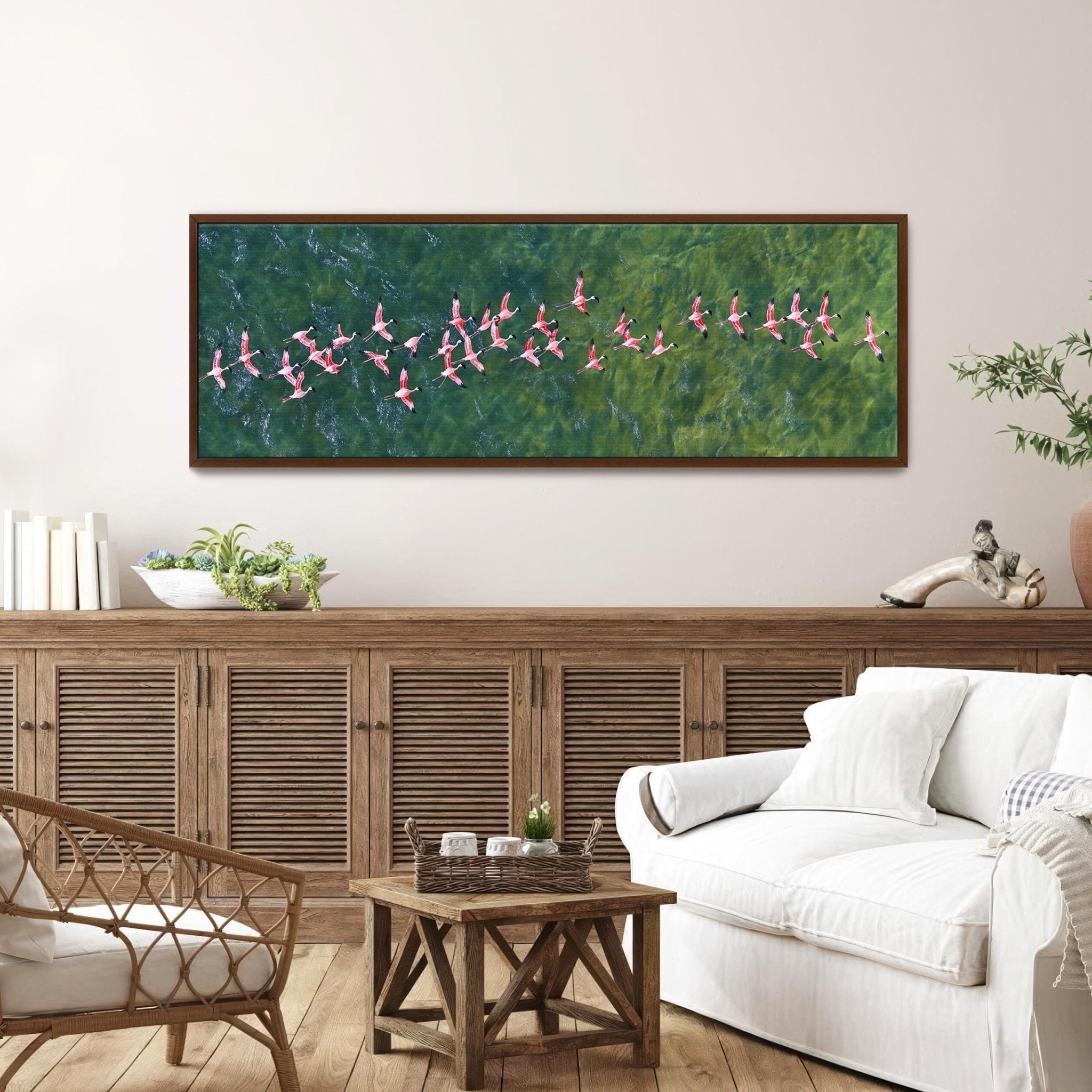 Flamingos Flying Over Emerald Ocean Art Print Canvas Art - POPvault