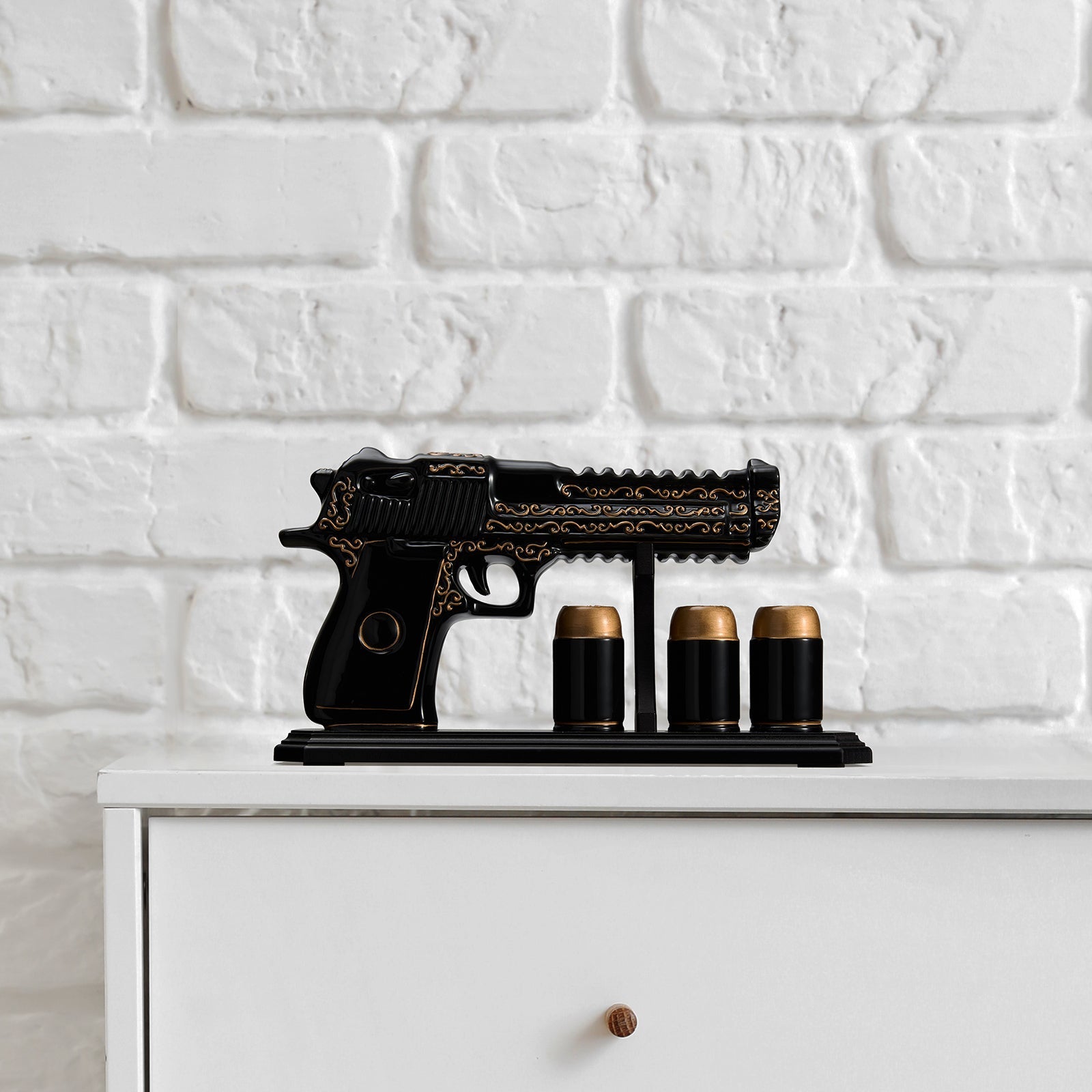 Hand Painted Black & Gold Pistol 18 Oz. Whiskey & Wine Decanter With 3 Shot Glasses - POPvault