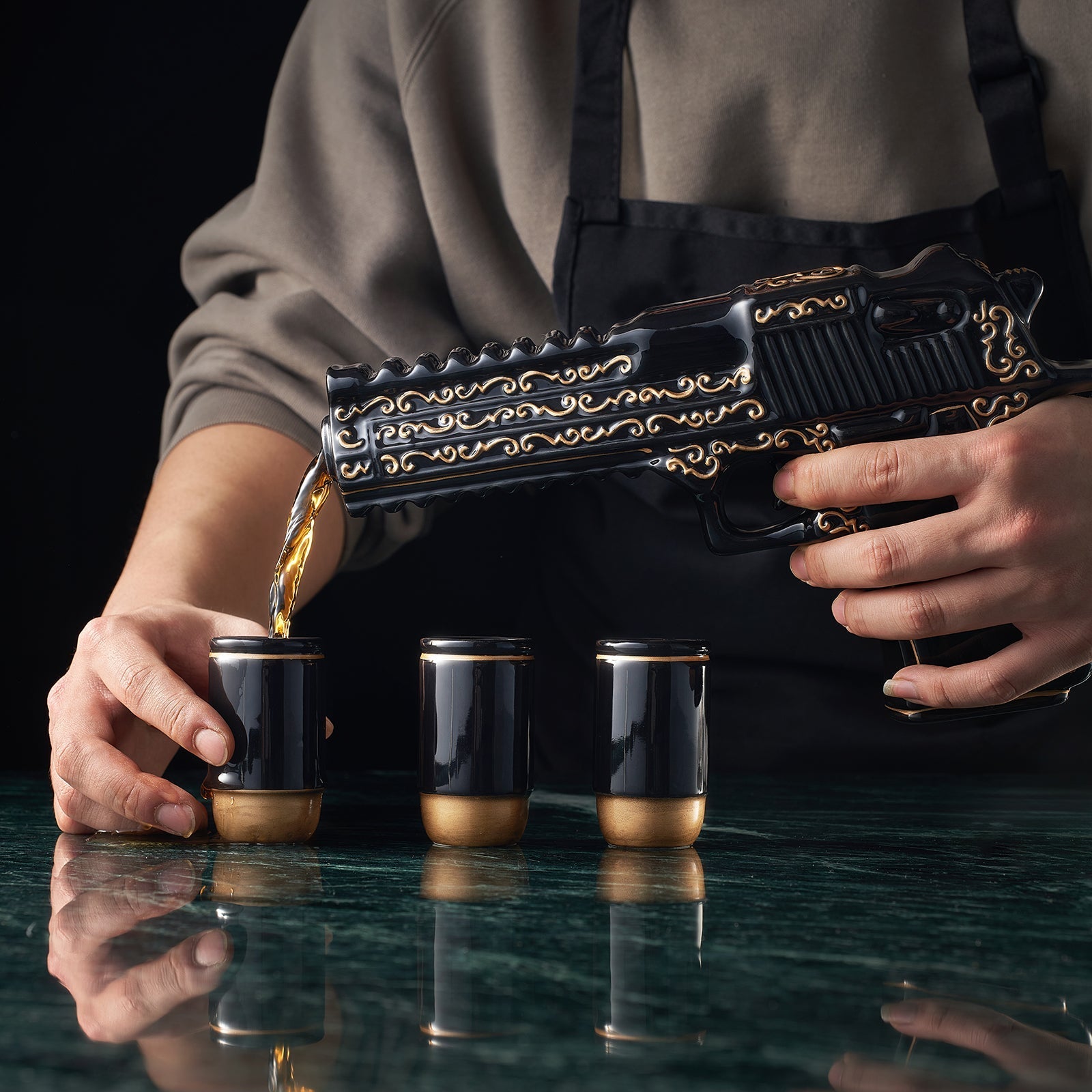 Hand Painted Black & Gold Pistol 18 Oz. Whiskey & Wine Decanter With 3 Shot Glasses - POPvault