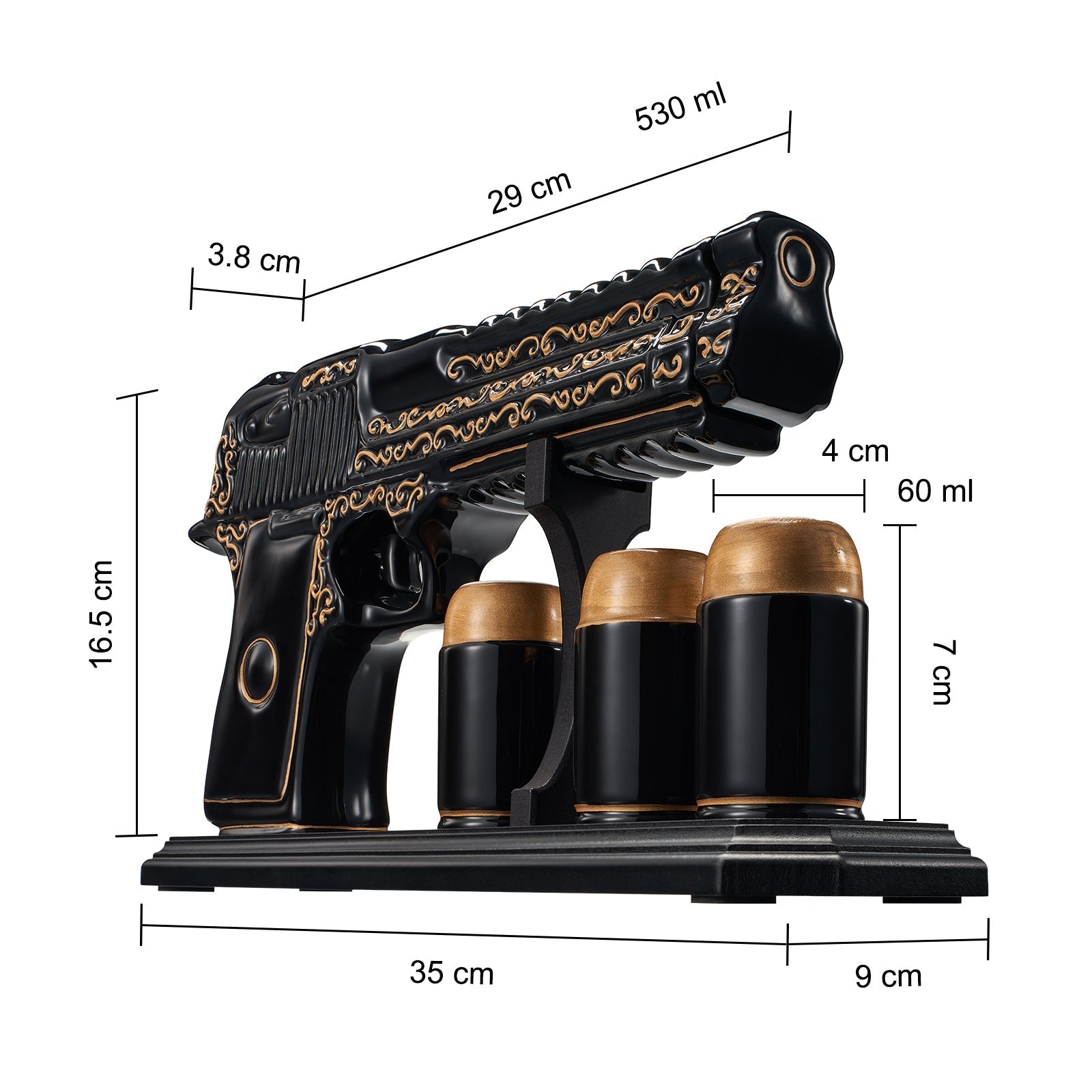 Hand Painted Black & Gold Pistol 18 Oz. Whiskey & Wine Decanter With 3 Shot Glasses - POPvault