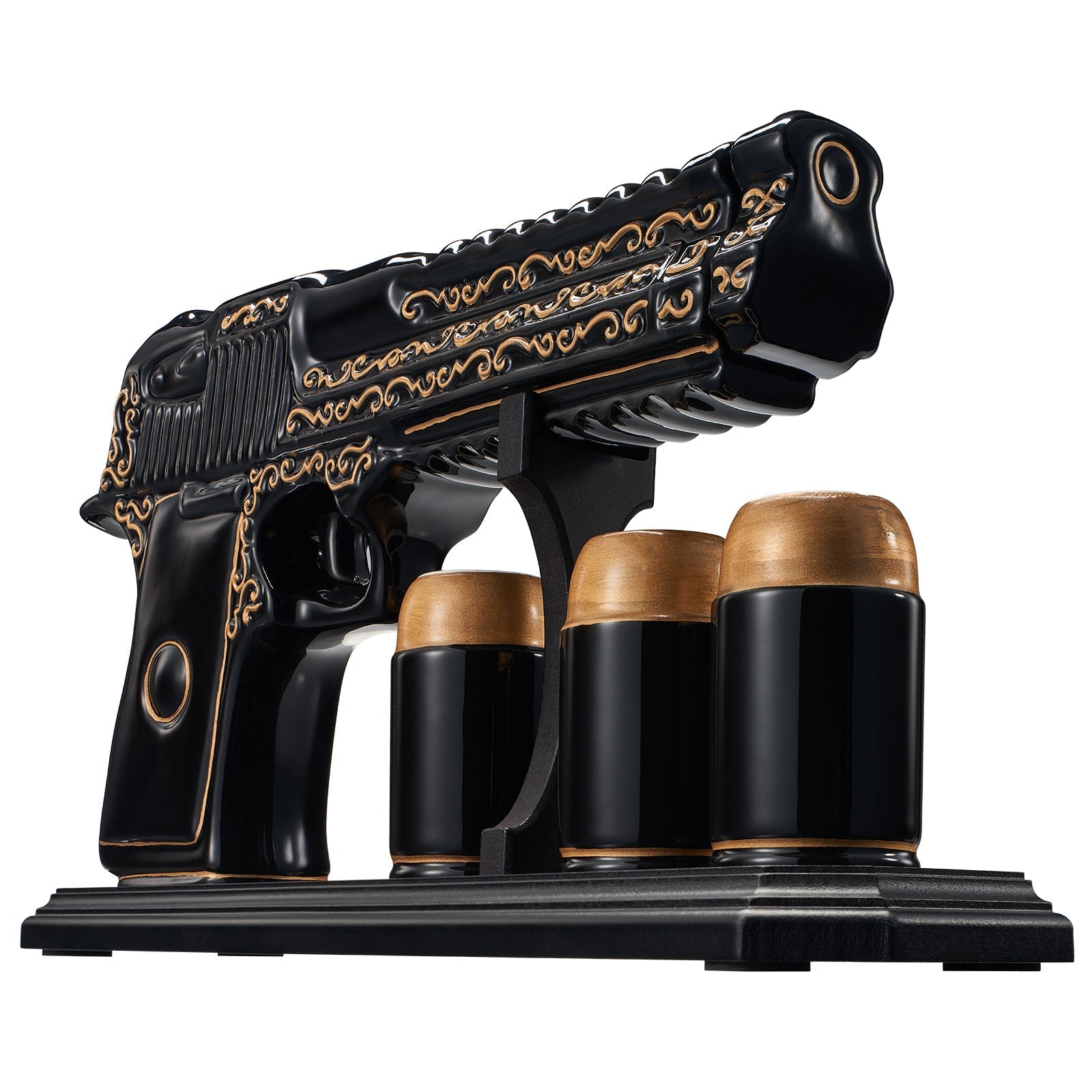 Hand Painted Black & Gold Pistol 18 Oz. Whiskey & Wine Decanter With 3 Shot Glasses - POPvault