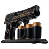 Hand Painted Black & Gold Pistol 18 Oz. Whiskey & Wine Decanter With 3 Shot Glasses - POPvault
