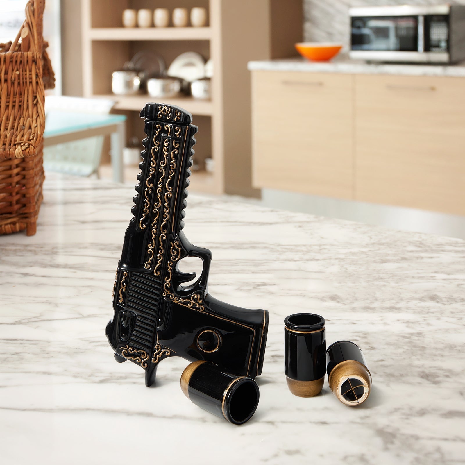 Hand Painted Black & Gold Pistol 18 Oz. Whiskey & Wine Decanter With 3 Shot Glasses - POPvault