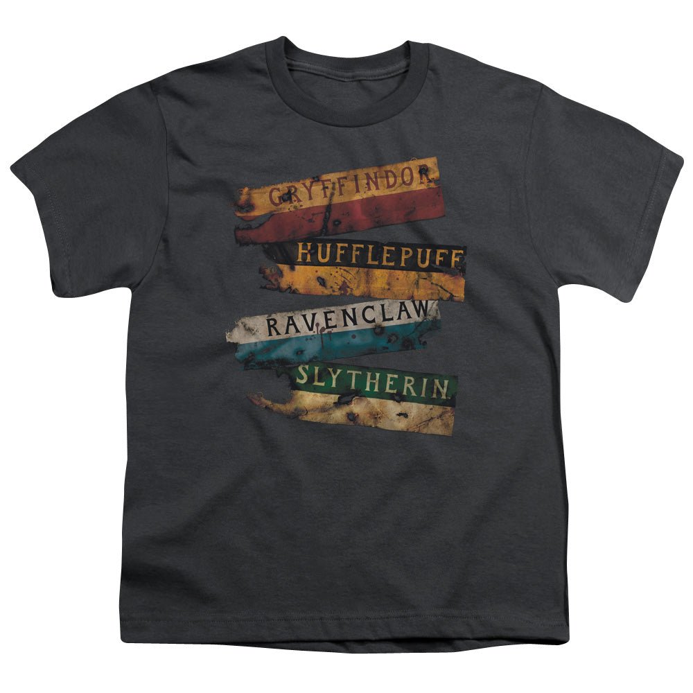 Harry Potter Burnt Banners Kids Youth T Shirt Charcoal Officially Licensed - POPvault