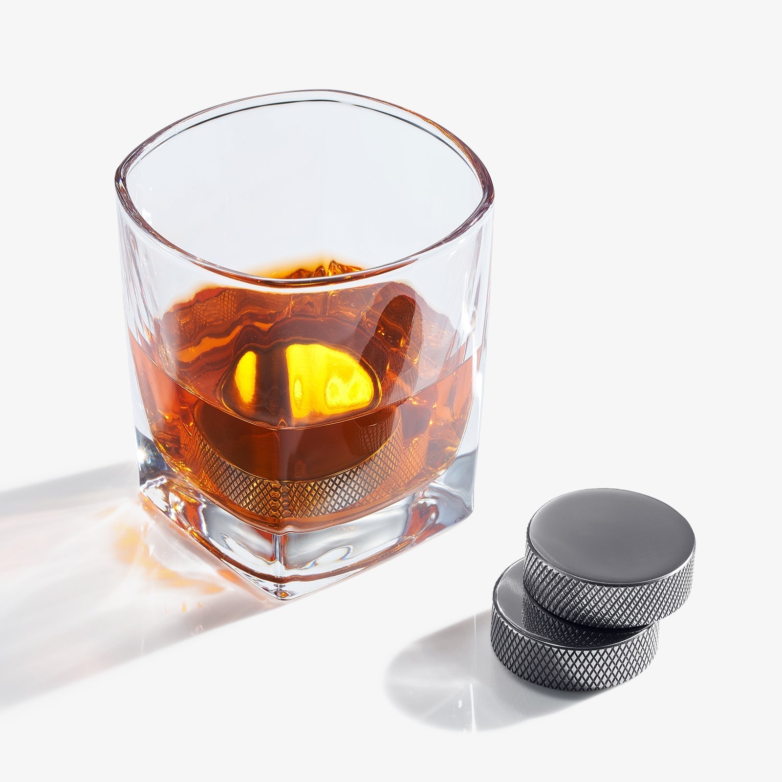 Hockey Puck Whiskey Stones 7 Piece Set Including 4 Chill Stones With Cooling Gel, Hockey Stick Tongs & 2 Whiskey Glasses - POPvault