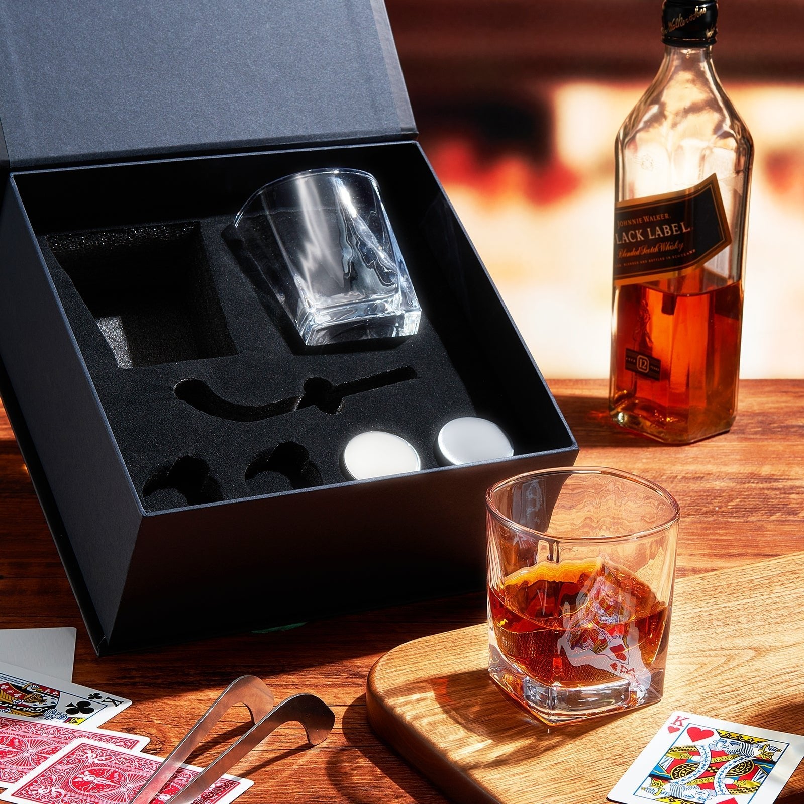 Hockey Puck Whiskey Stones 7 Piece Set Including 4 Chill Stones With Cooling Gel, Hockey Stick Tongs & 2 Whiskey Glasses - POPvault