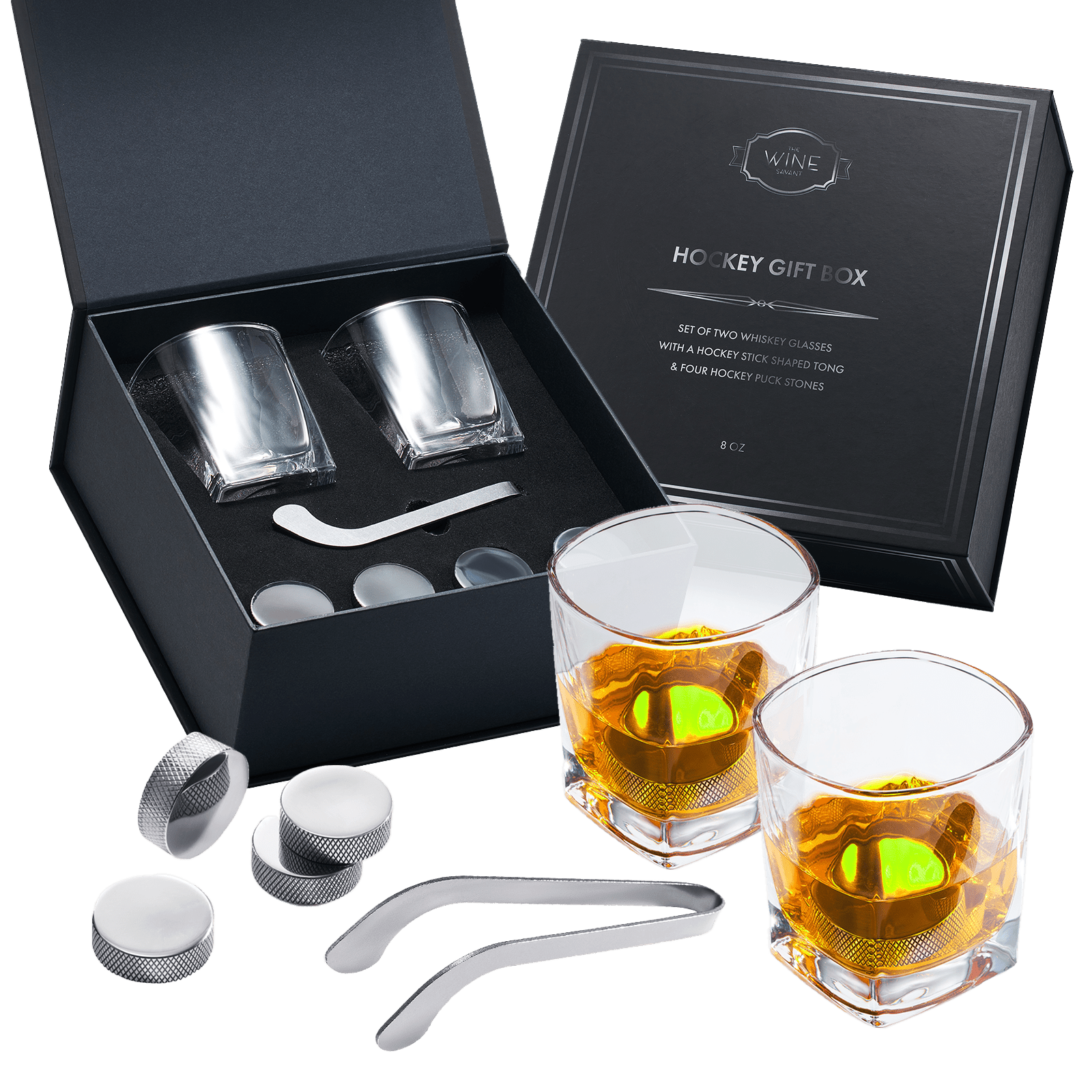 Hockey Puck Whiskey Stones 7 Piece Set Including 4 Chill Stones With Cooling Gel, Hockey Stick Tongs & 2 Whiskey Glasses - POPvault