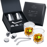 Hockey Puck Whiskey Stones 7 Piece Set Including 4 Chill Stones With Cooling Gel, Hockey Stick Tongs & 2 Whiskey Glasses - POPvault