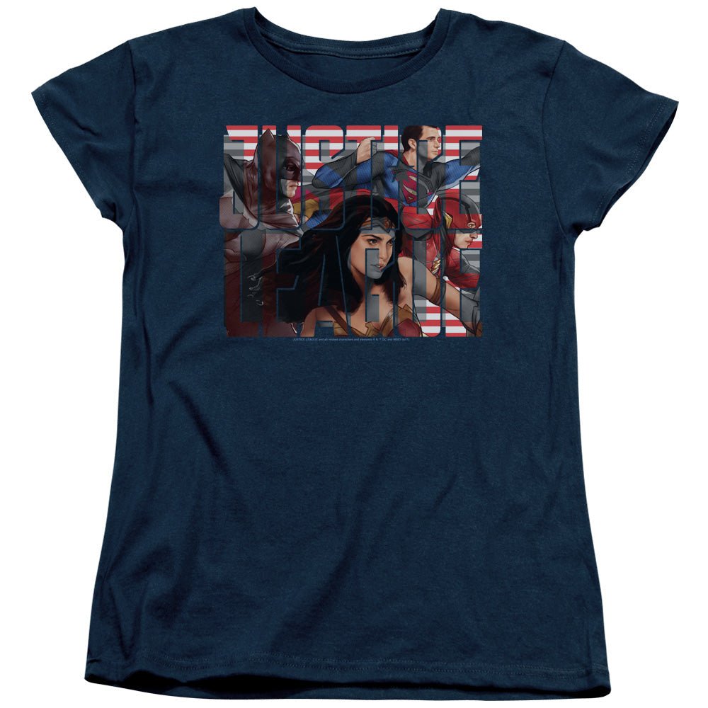 Justice League Movie Rally Womens T Shirt Navy Blue Officially Licensed - POPvault