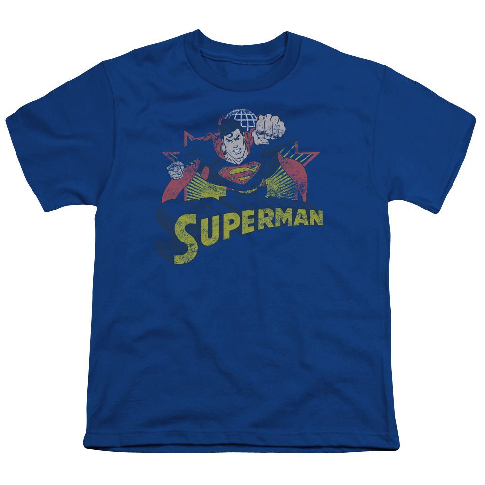 Justice League Superman Rough Distress Kids Youth T Shirt Royal Blue Officially Licensed - POPvault