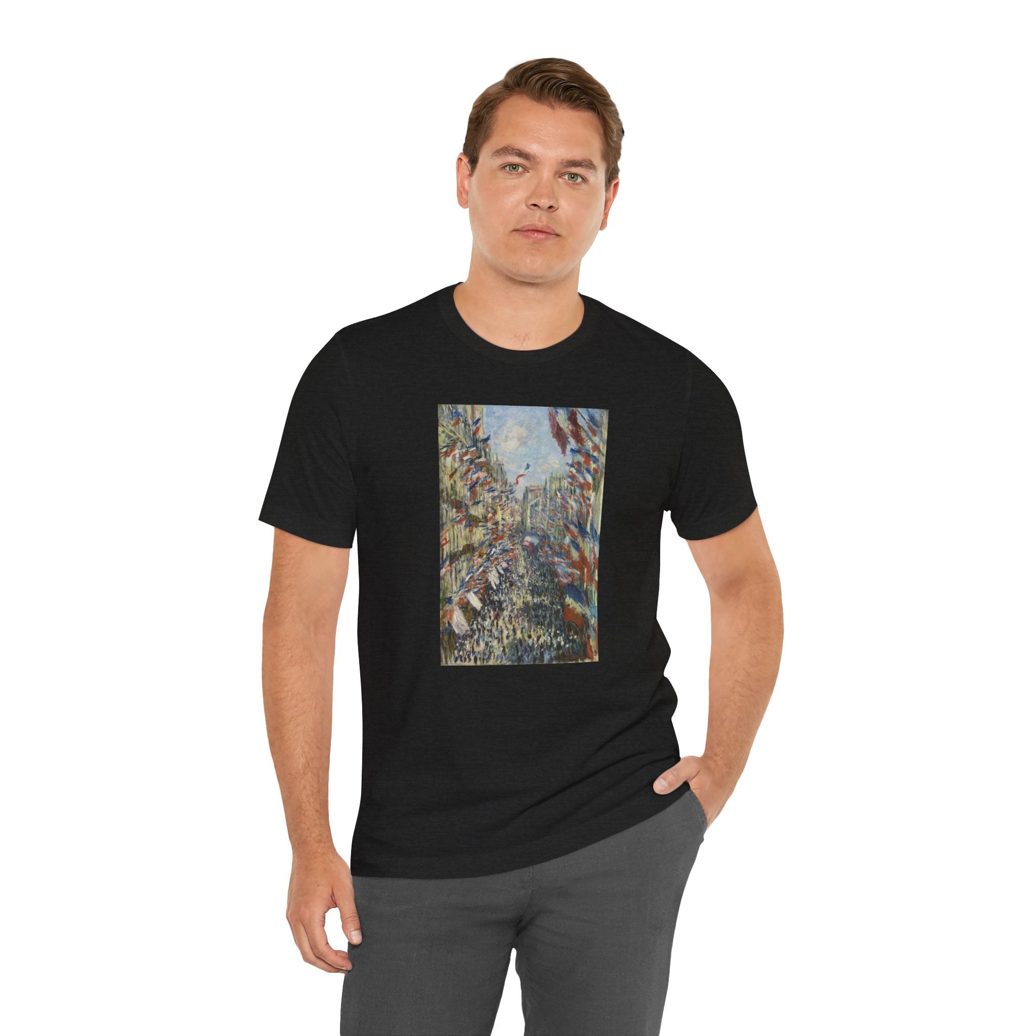 Masters of Art Claude Monet's The Rue Montorgueil in Paris Unisex Jersey Short Sleeve T-Shirt - POPvault