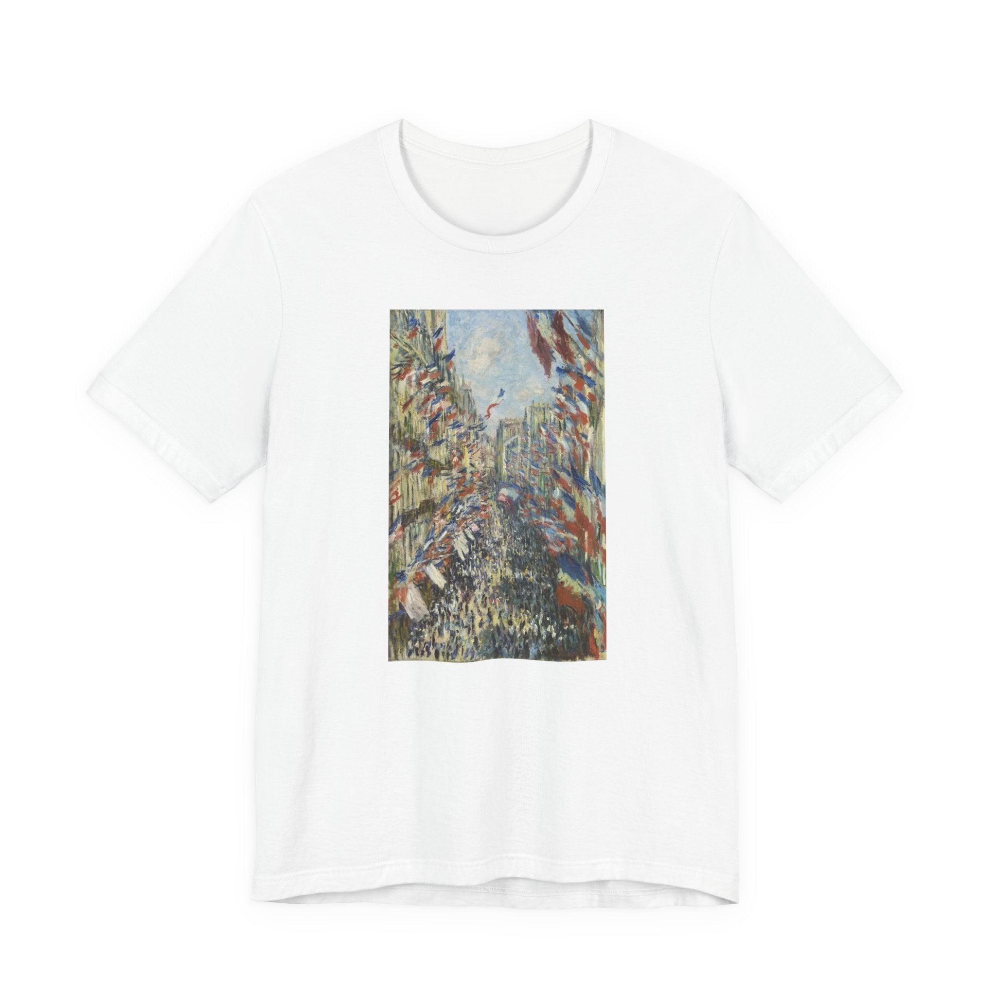 Masters of Art Claude Monet's The Rue Montorgueil in Paris Unisex Jersey Short Sleeve T-Shirt - POPvault