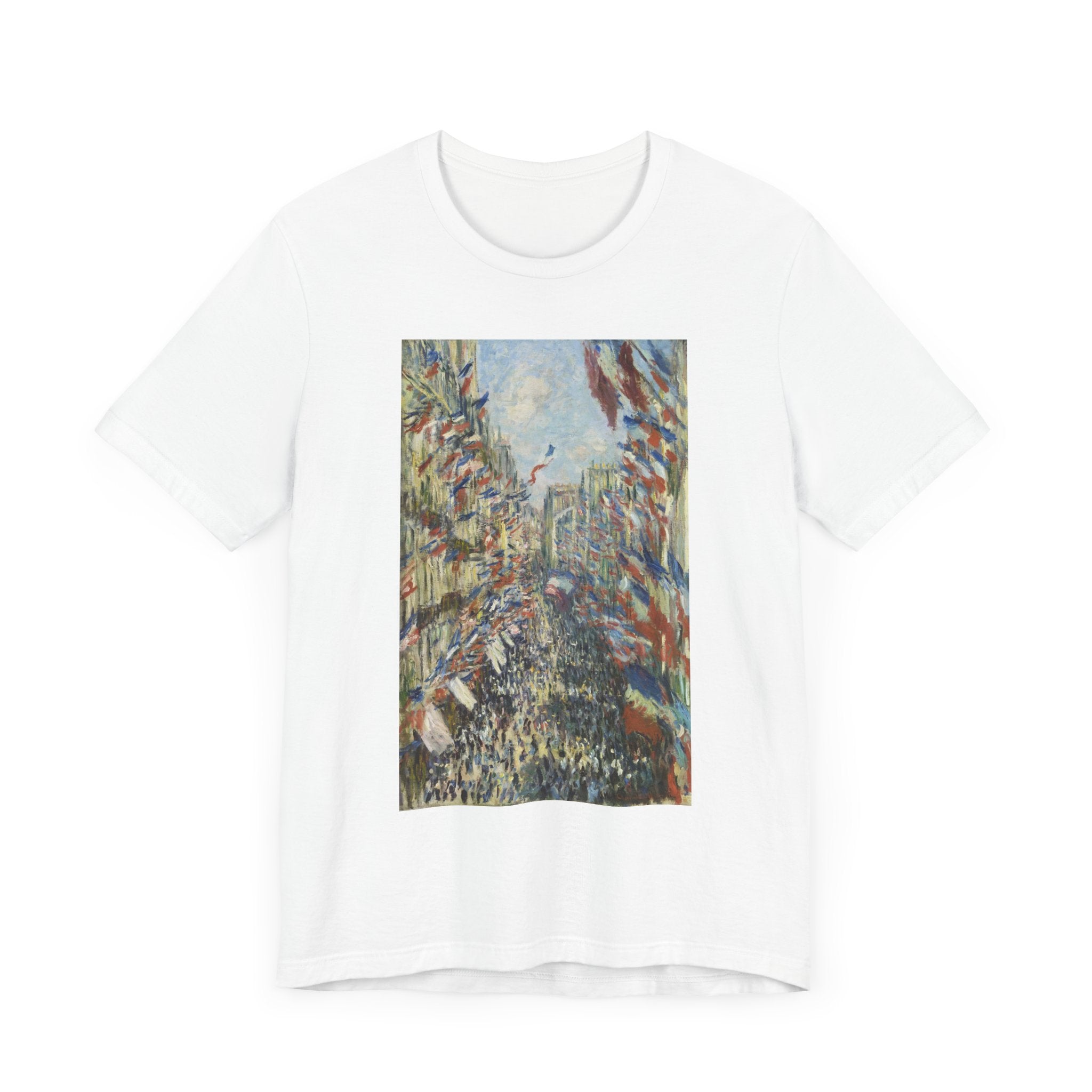 Masters of Art Claude Monet's The Rue Montorgueil in Paris Unisex Jersey Short Sleeve T-Shirt - POPvault