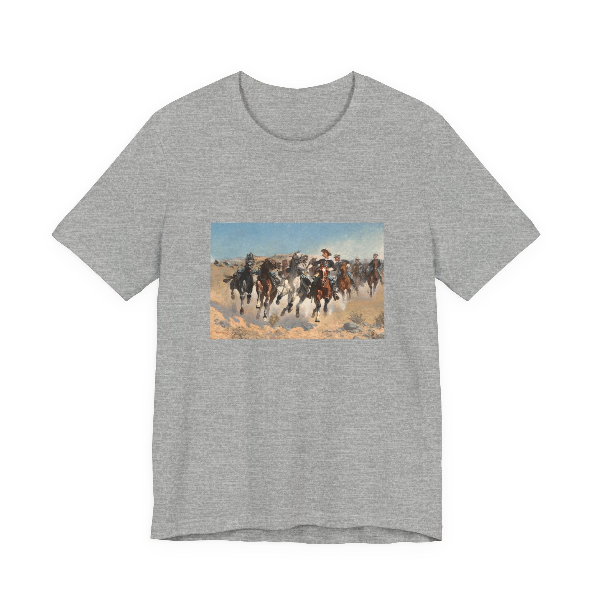 Masters of Art Frederic Remington Dismounted: The Fourth Troopers Moving the Led Horses Unisex Jersey Short Sleeve T-Shirt - POPvault