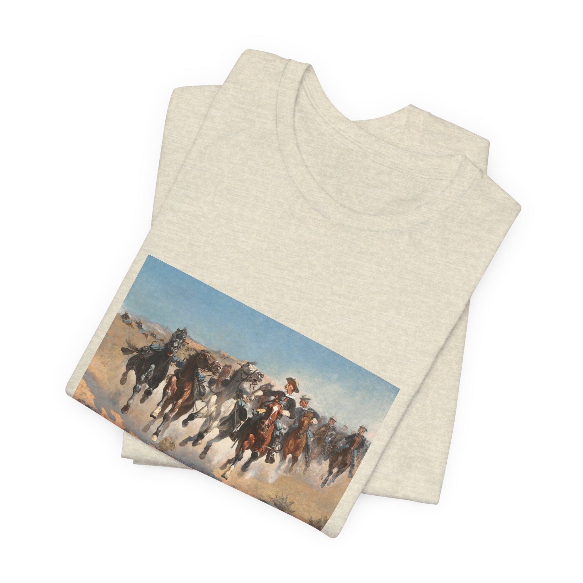 Masters of Art Frederic Remington Dismounted: The Fourth Troopers Moving the Led Horses Unisex Jersey Short Sleeve T-Shirt - POPvault