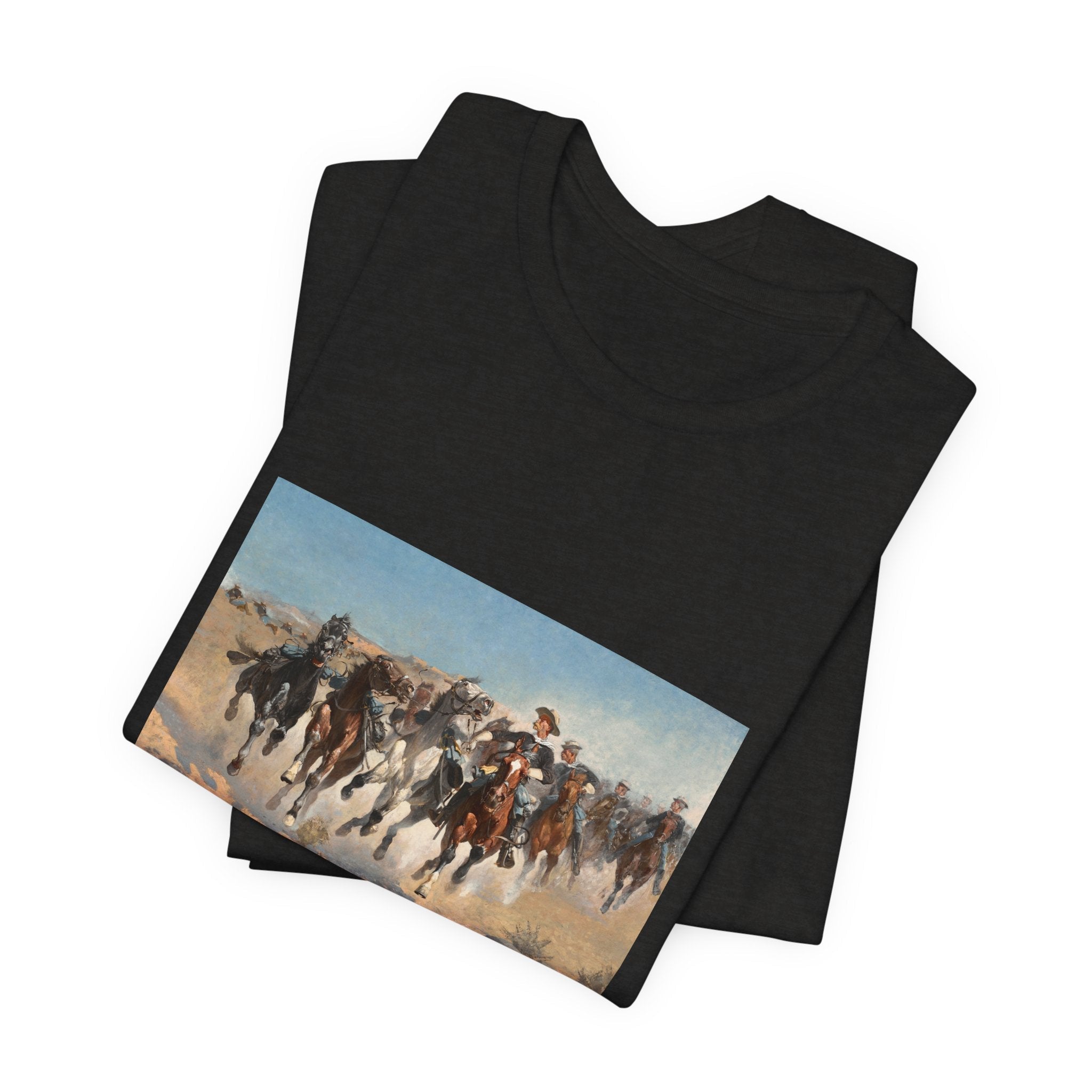 Masters of Art Frederic Remington Dismounted: The Fourth Troopers Moving the Led Horses Unisex Jersey Short Sleeve T-Shirt - POPvault